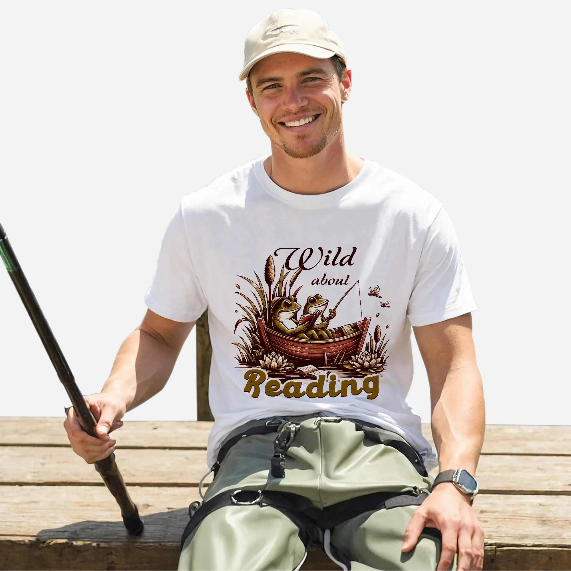 Cute Cottagecore Shirt �C Frog and Toad Fishing and Reading Book Tee �C White �C Up To 5XL