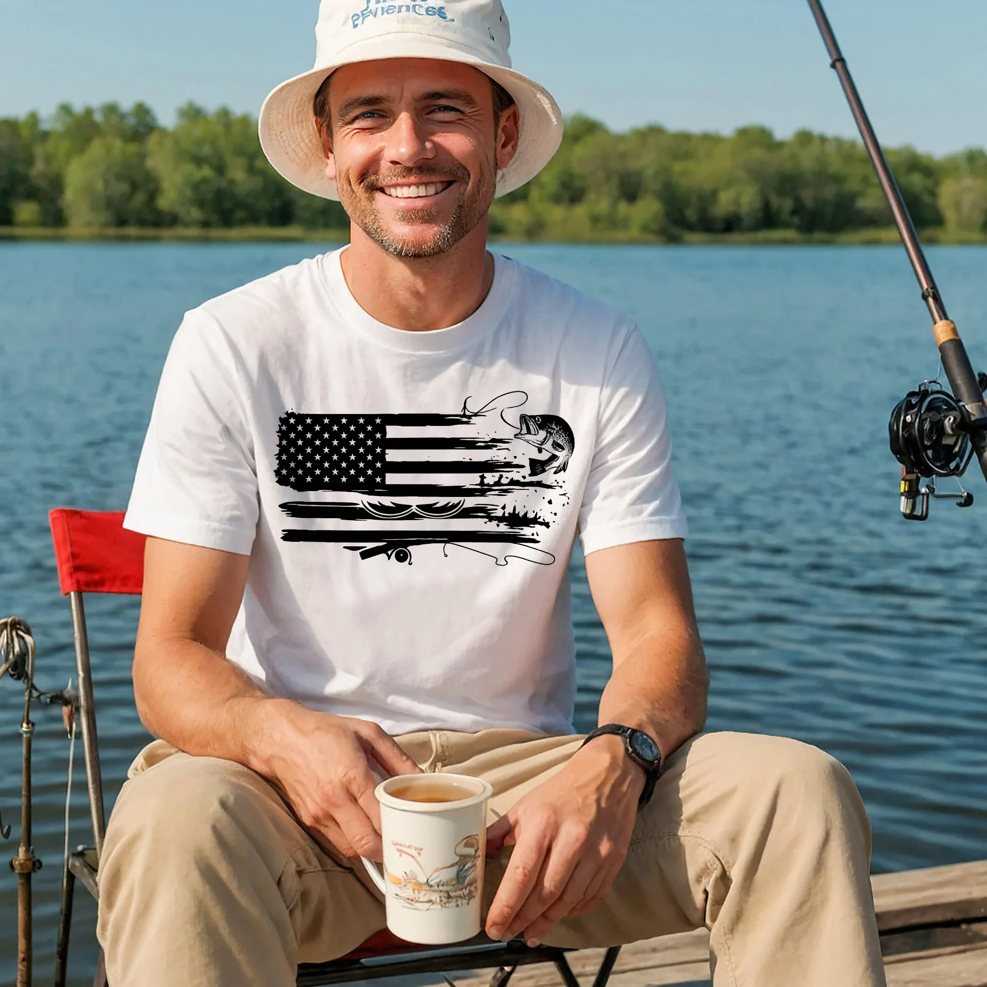 American Fishing Shirt �C USA Flag Bass Angler Tee �C Patriotic Fishing Gift �C White �C Up To 5XL