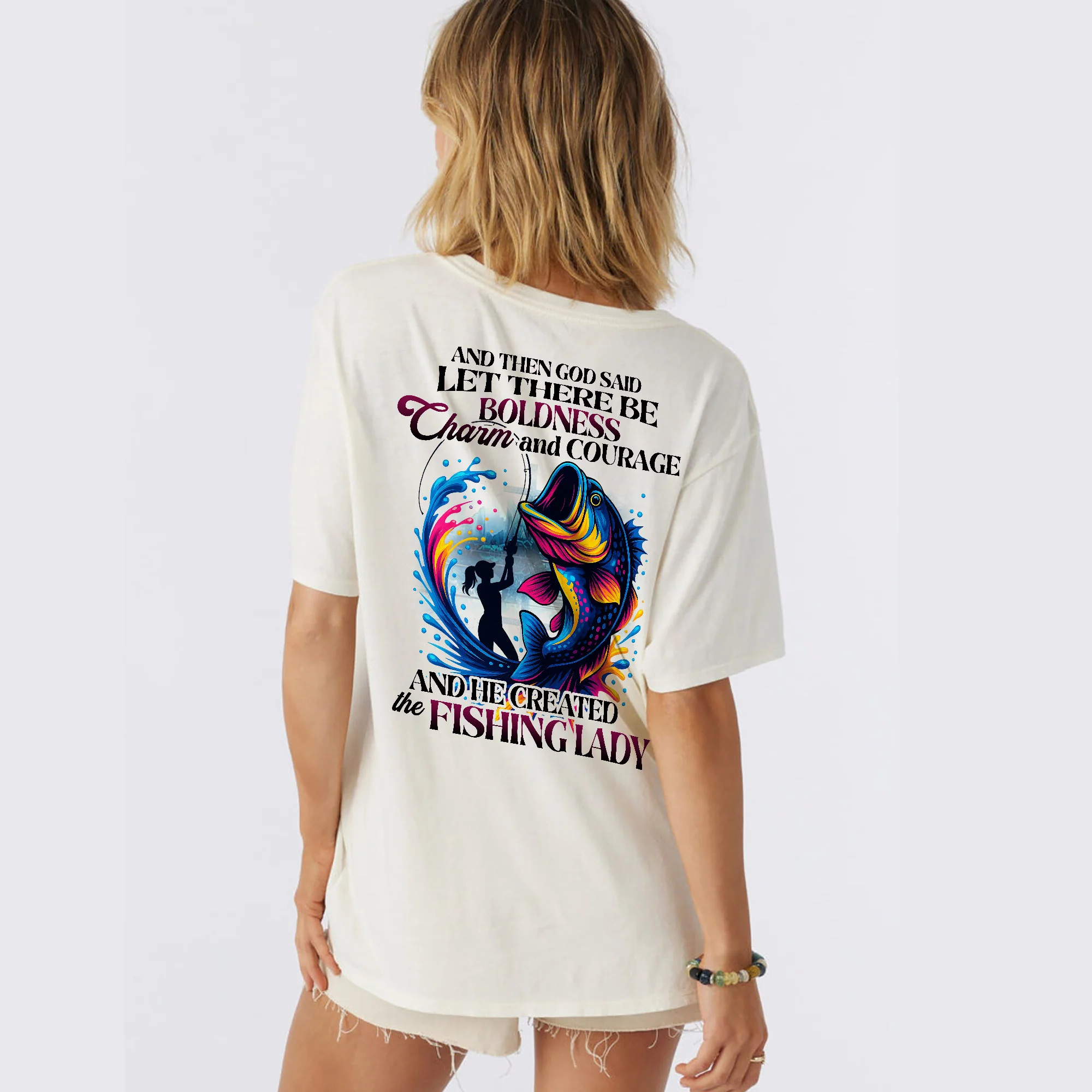 And Then God Said Let There Be Boldness Charm And Courage Shirt �C Funny Women��s Fishing Tee �C Faith-Based Lady Angler Gift �C Natural �C Up To 5XL