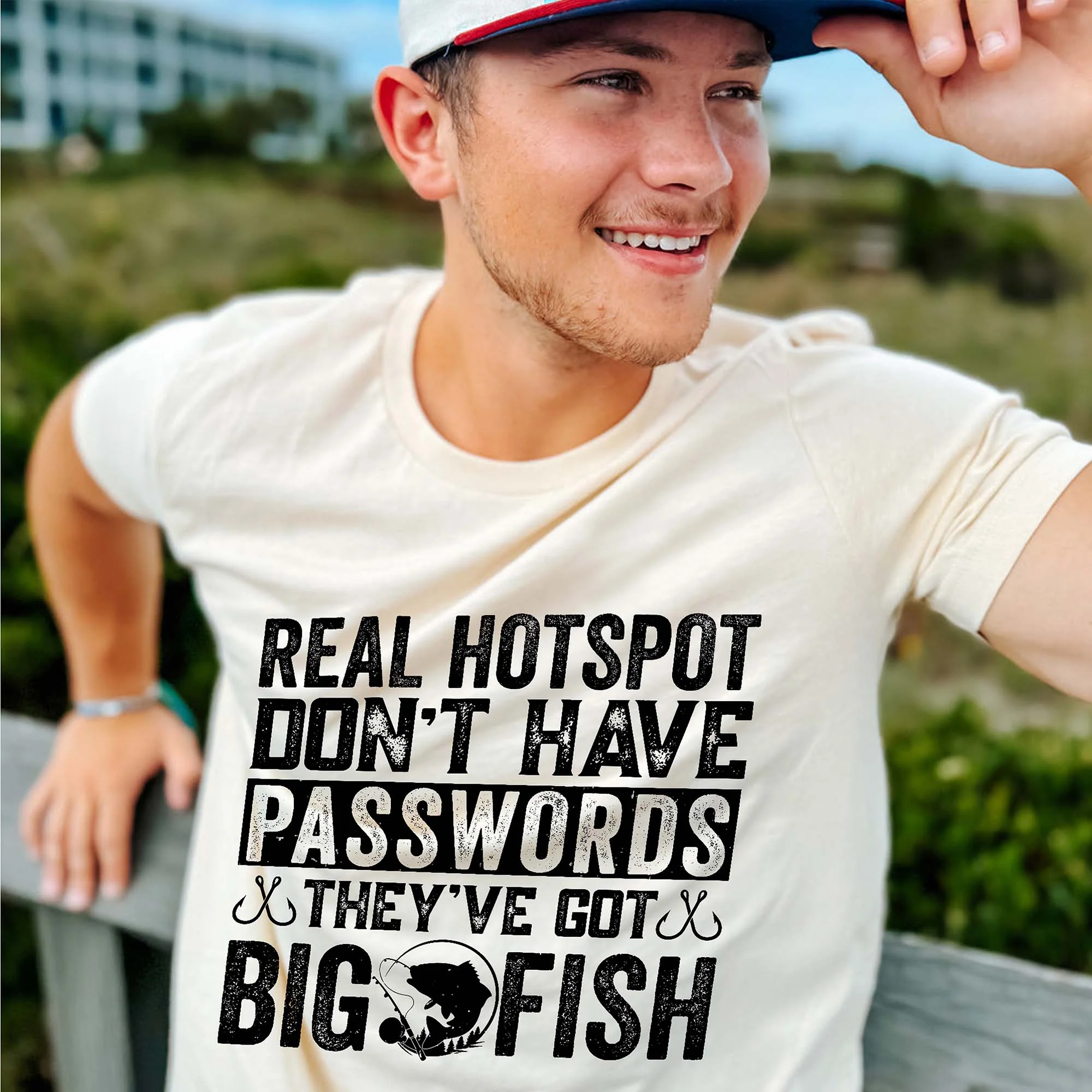 Funny Fishing Shirt �C Real Hotspots Don't Have Passwords Big Fish Tee �C Outdoors Fisherman Gift �C Natural �C Up To 5XL