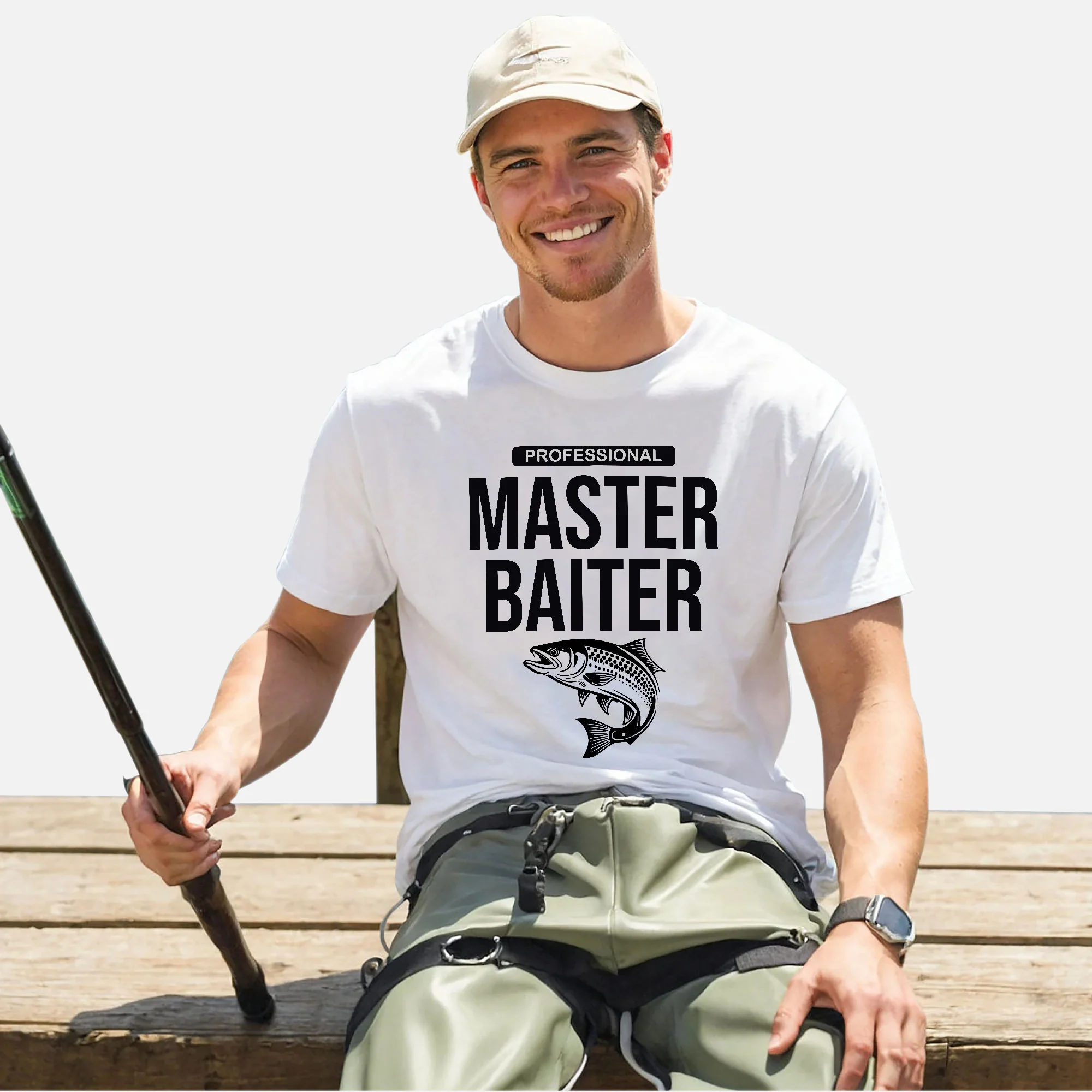 Funny Fishing Shirt �C Professional Master Baiter �C Angler Pun Tee for Men �C White �C Up To 5XL