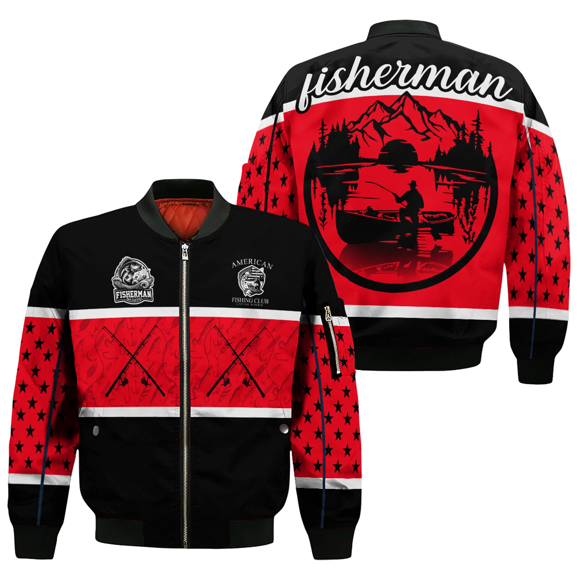 Fisherman Bomber Jacket �C American Fishing Club Edition | Red & Black Outdoor Fishing Jacket for Men
