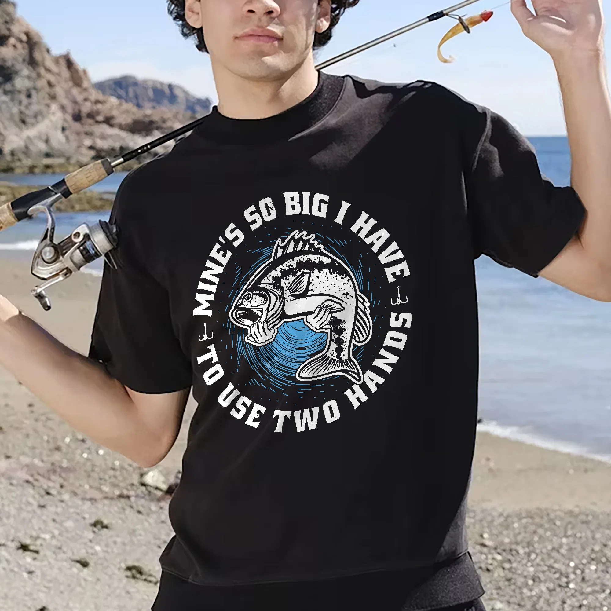 Mines So Big I Have To Use Two Hands Shirt �C Funny Fishing Tee �C Humorous Angler Gift �C Black �C Up To 5XL
