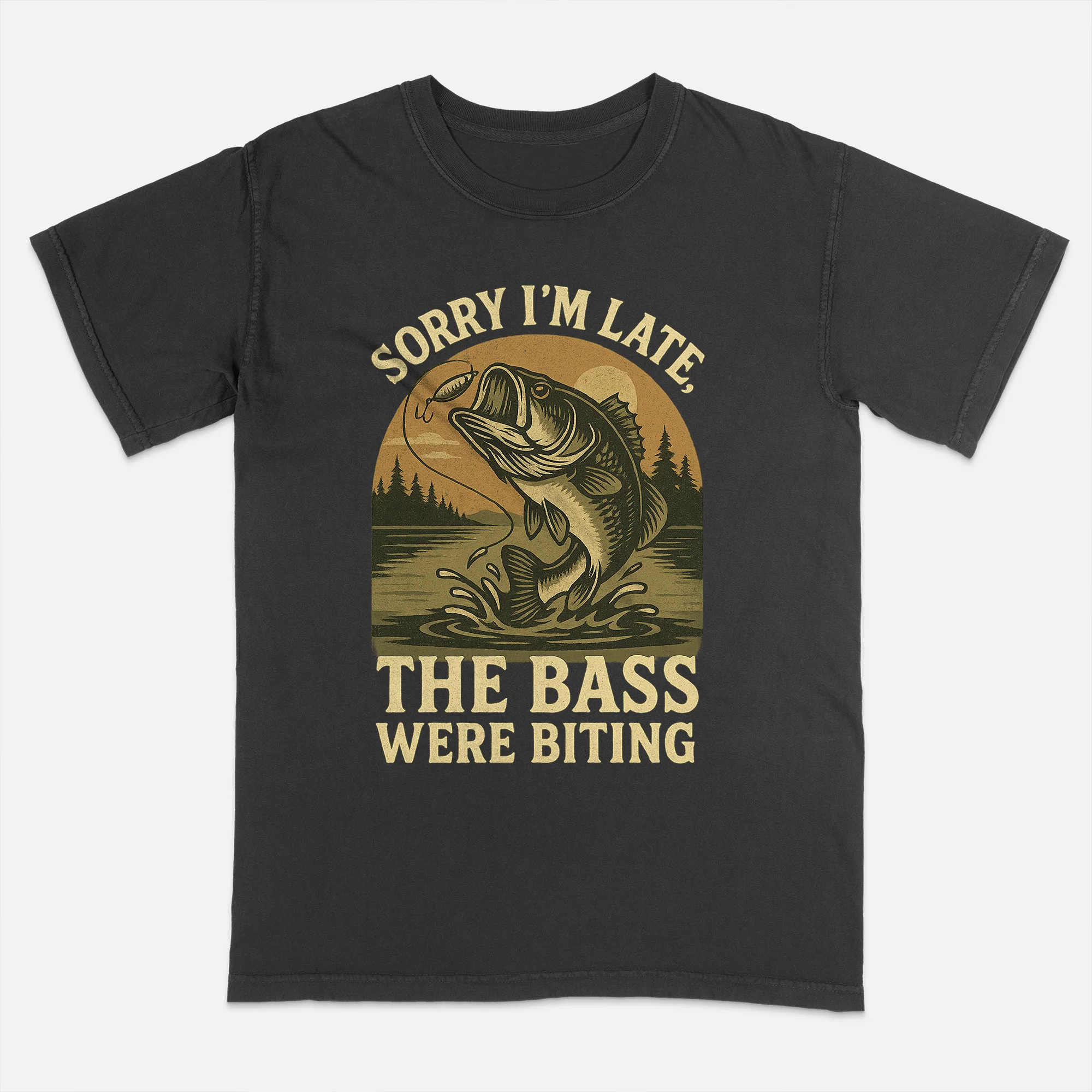 Funny Fishing Shirt �C Sorry I��m Late The Bass Were Biting �C Outdoor Fisherman Quote Tee �C Black�C Up To 5XL