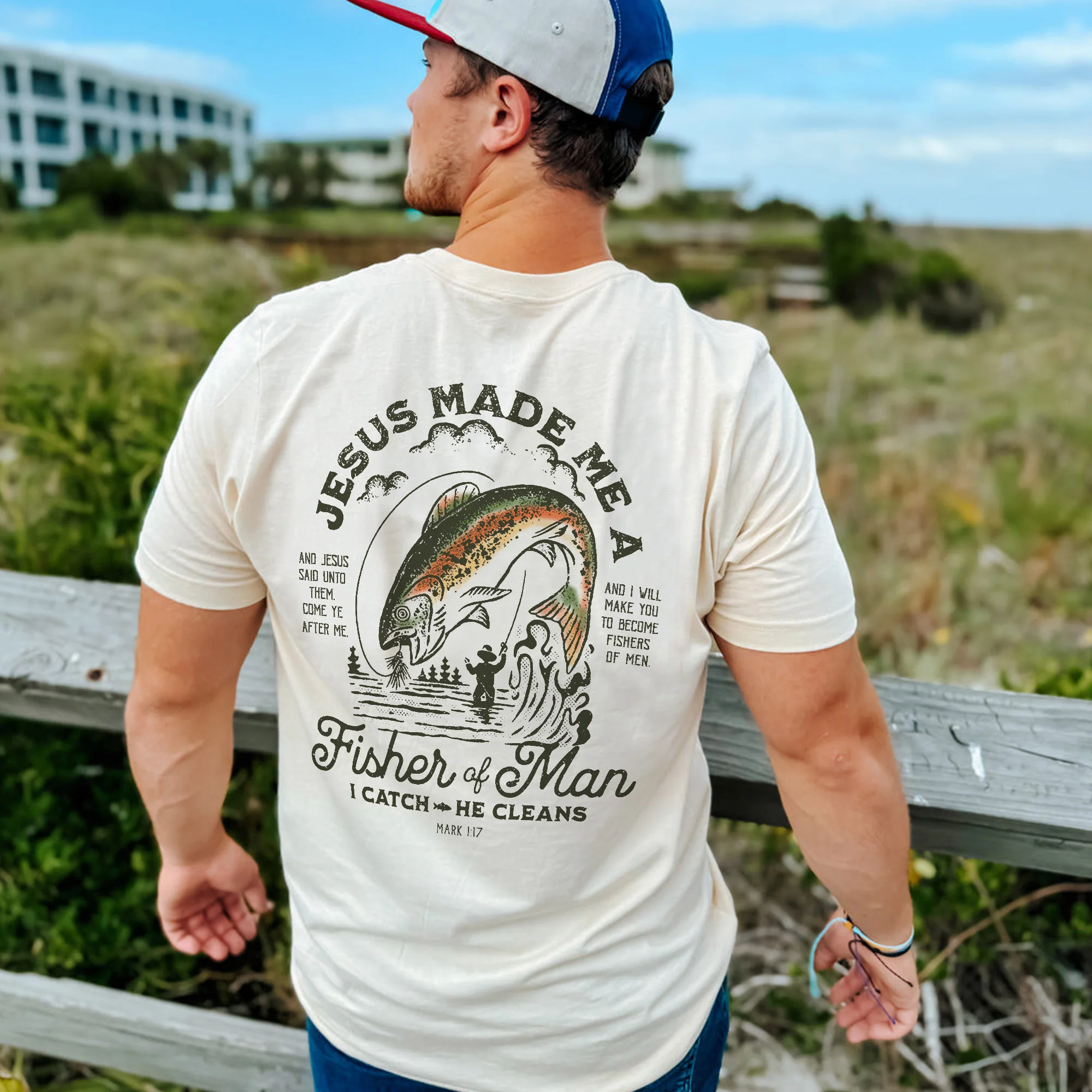 Christian Fishing Shirt �C Jesus Made Me a Fisher of Men I Catch He Cleans �C Based Faith Tee �C Natural �C Up To 5XL