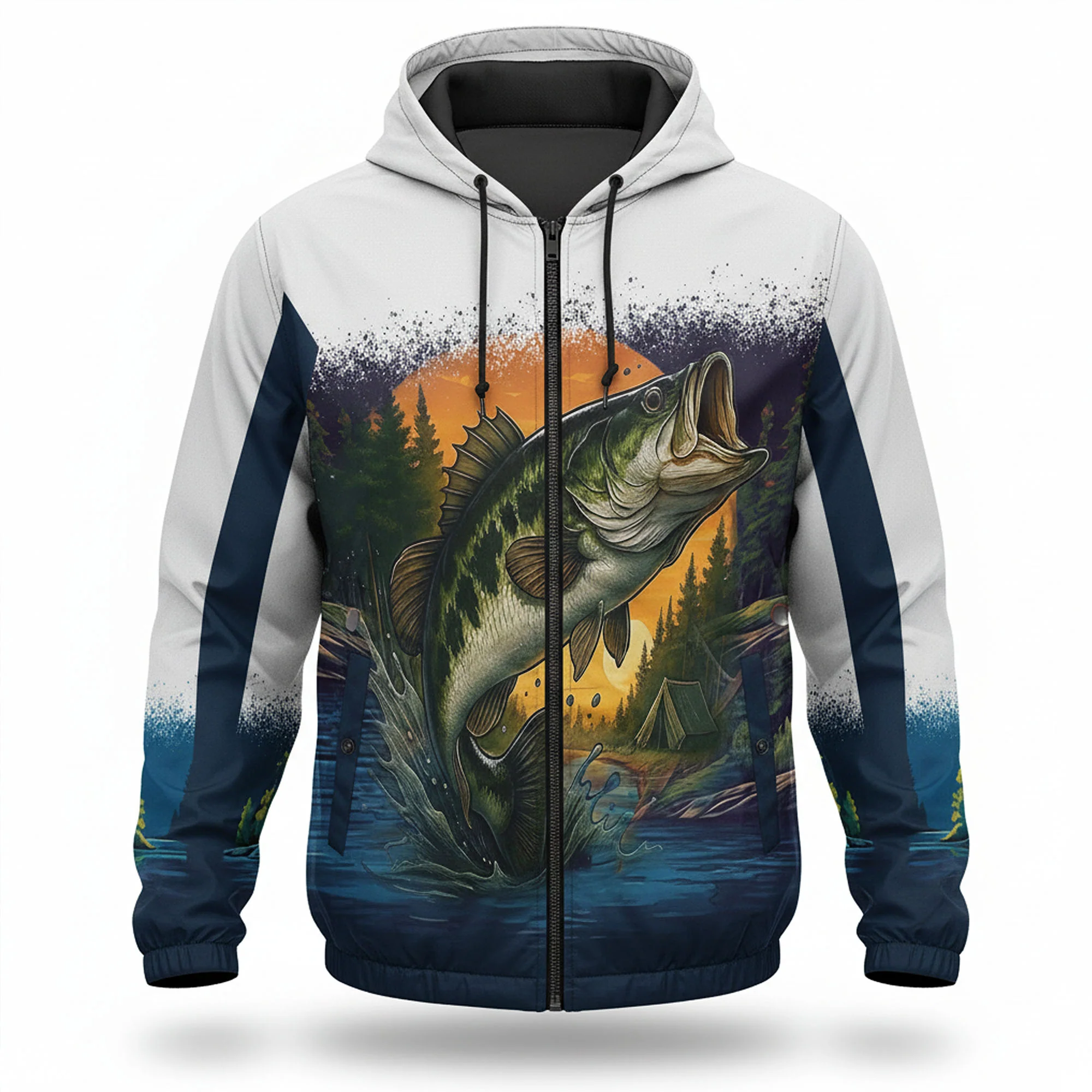 Largemouth Bass Windbreaker Jacket �C Sunrise Fishing Edition | Lightweight Hooded Fishing Jacket for Men