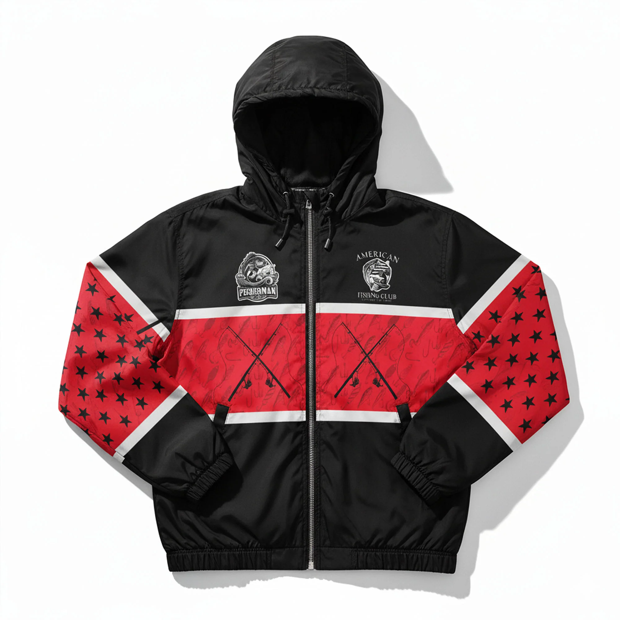 American Fishing Club Windbreaker Jacket �C Red & Black Fisherman Edition | Lightweight Hooded Outdoor Jacket for Men