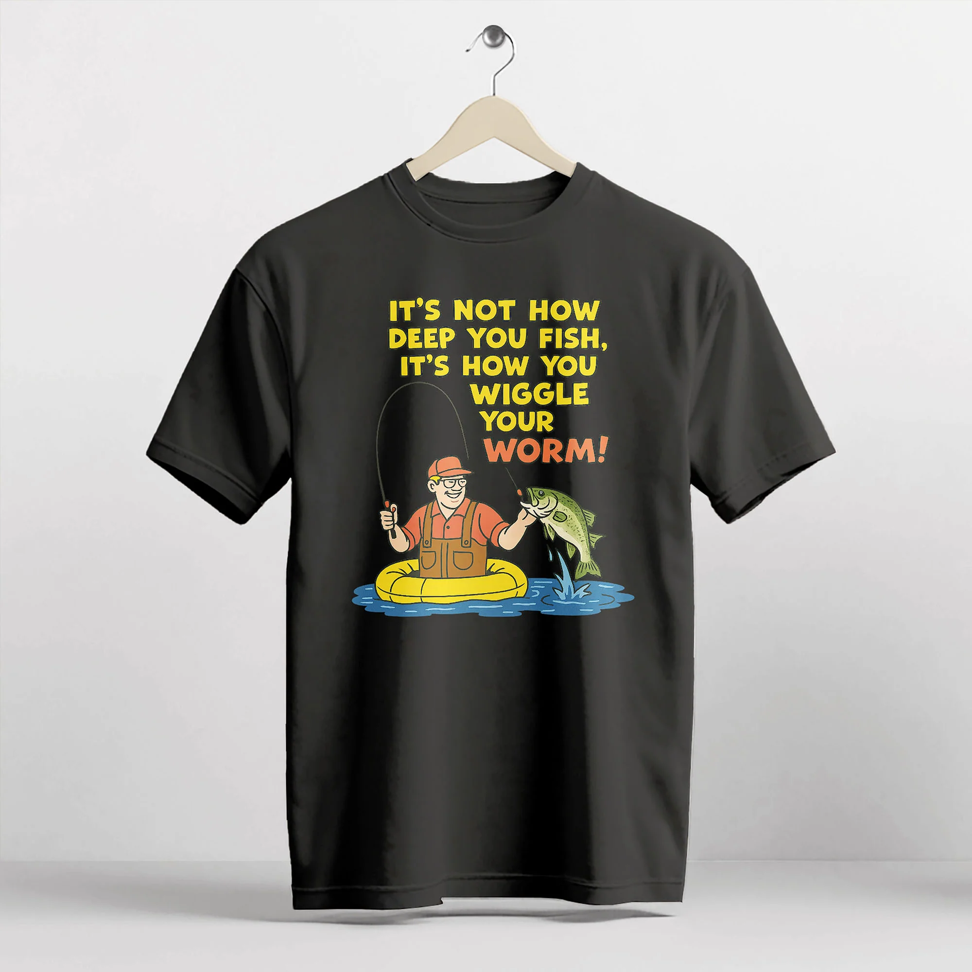 It��s Not How Deep You Fish Shirt �C Funny Worm Wiggle Fishing Tee �C Humorous Angler Gift �C Black �C Up To 5XL