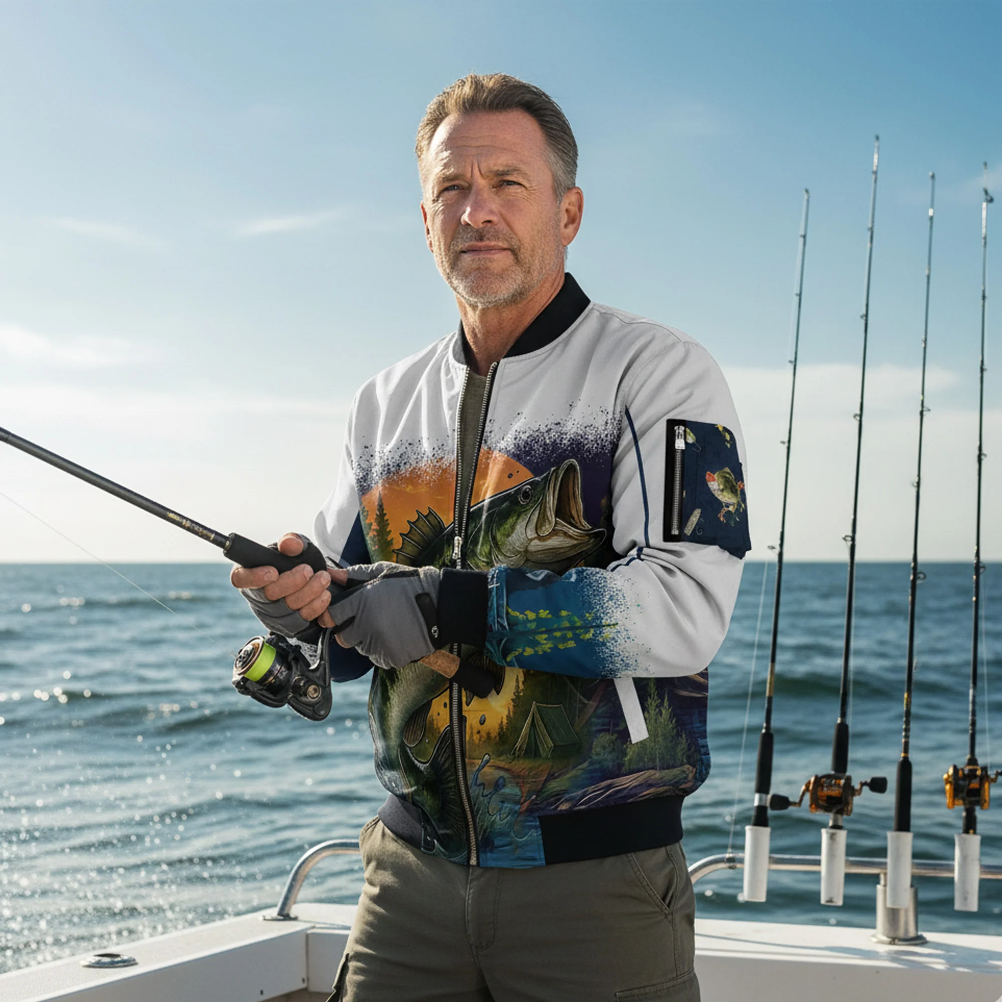 Largemouth Bass Bomber Jacket �C Sunrise Fishing Edition | White & Blue Outdoor Fisherman Jacket for Men
