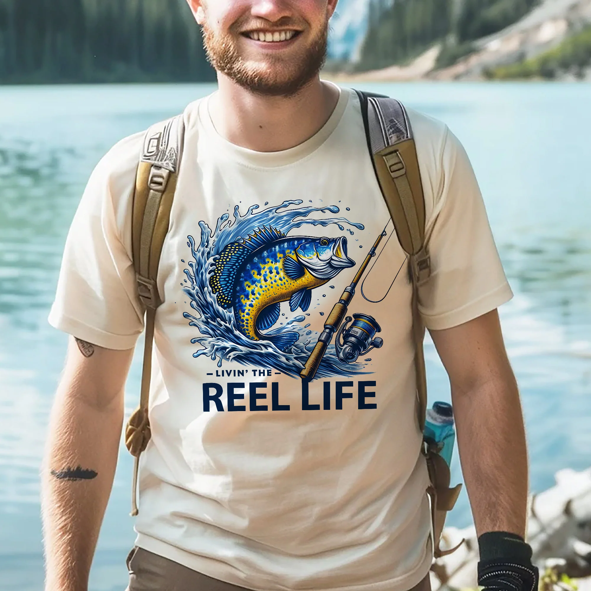 Funny Fisherman Shirt �C Livin' The Reel Life Fishing Pun Tee �C Humor Gift for Anglers �C Natural �C Up To 5XL