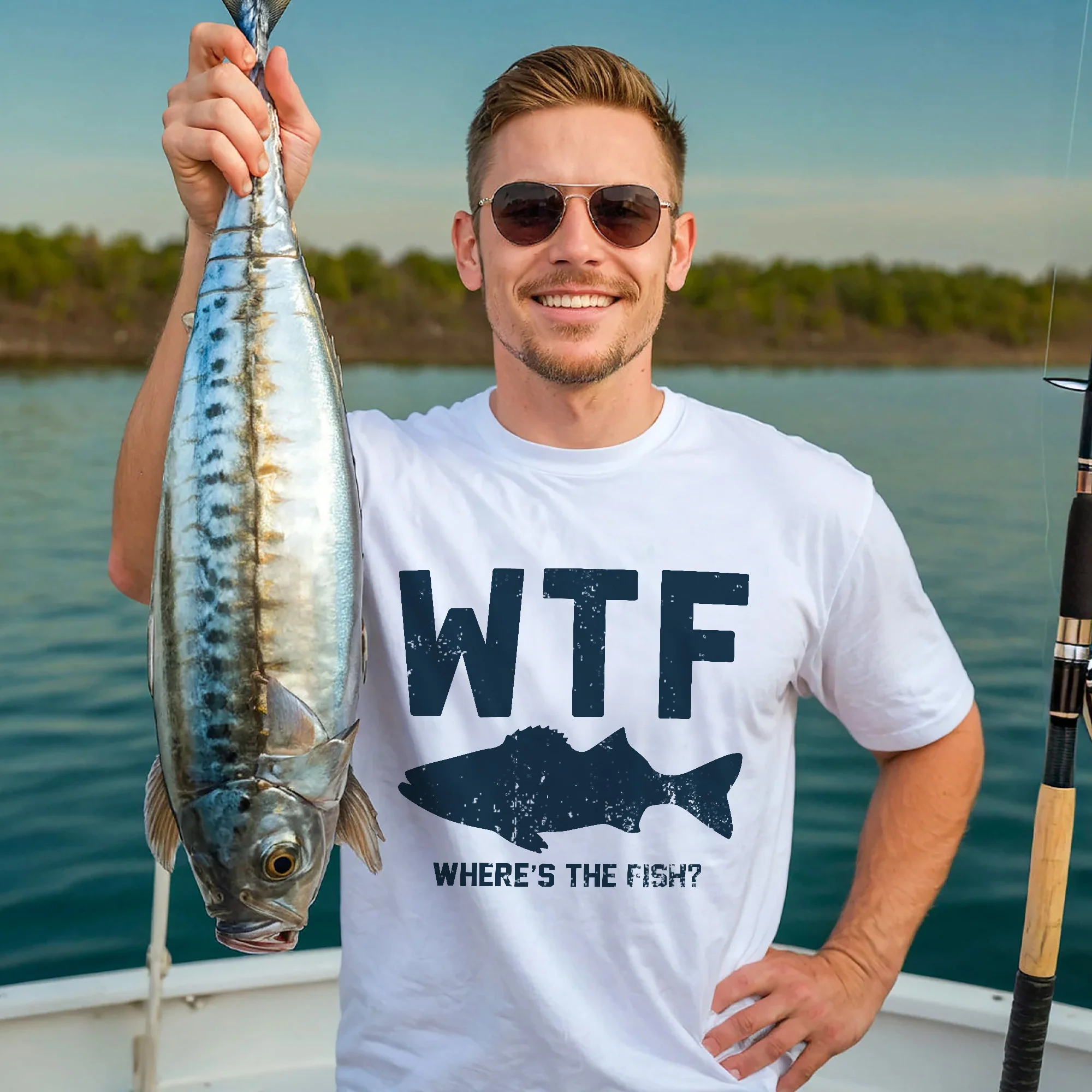 Funny Fishing Shirt �C WTF Where's The Fish �C Outdoor Humor Fisherman Tee �C White �C Up To 5XL
