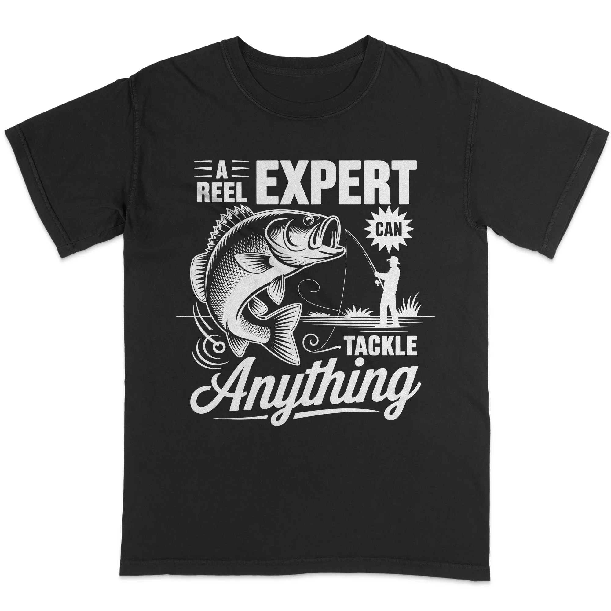 Fishing Bass Shirt - A Reel Expert Can Tackle Anything Graphic Tee - Funny Fisherman Gift�C Black �C Up To 5XL