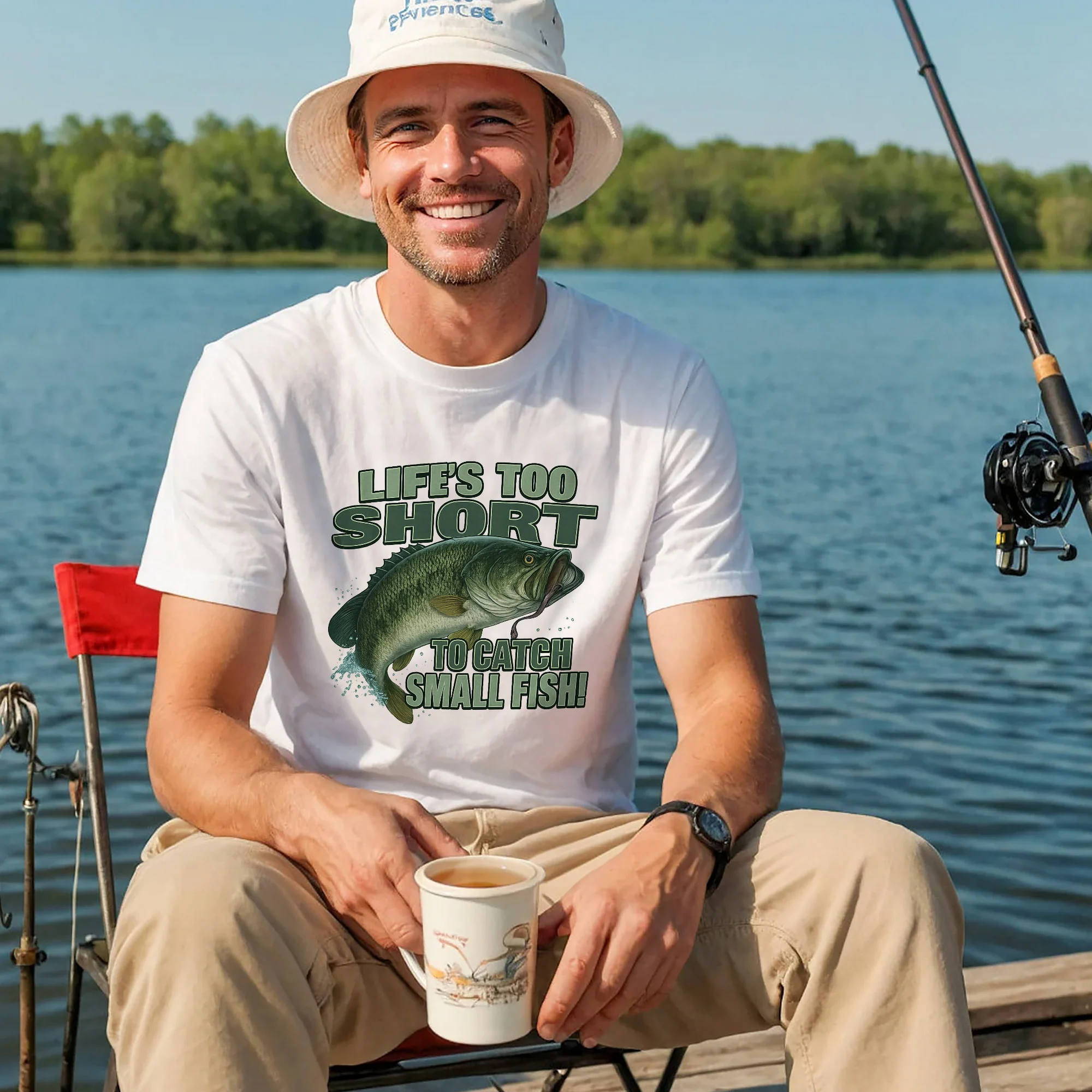Life��s Too Short to Catch Small Fish Shirt �C Funny Big Catch Fishing Tee �C Humorous Angler Gift �C White �C Up To 5XL