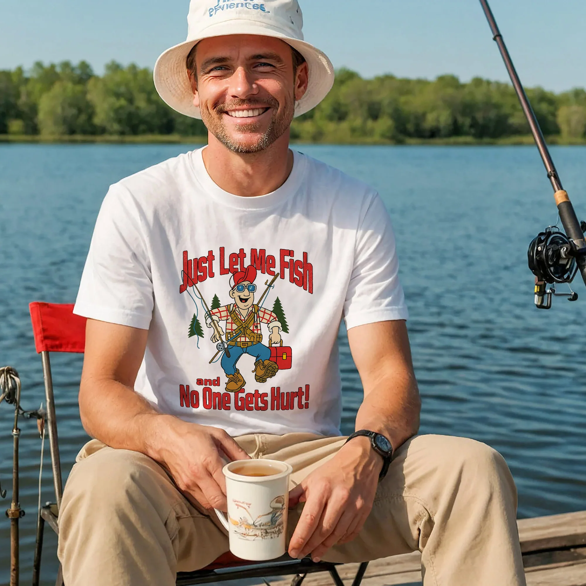 Just Let Me Fish and No One Gets Hurt Fishing Shirt �C Funny Angler Tee �C Fisherman Humor Gift �C White �C Up To 5XL