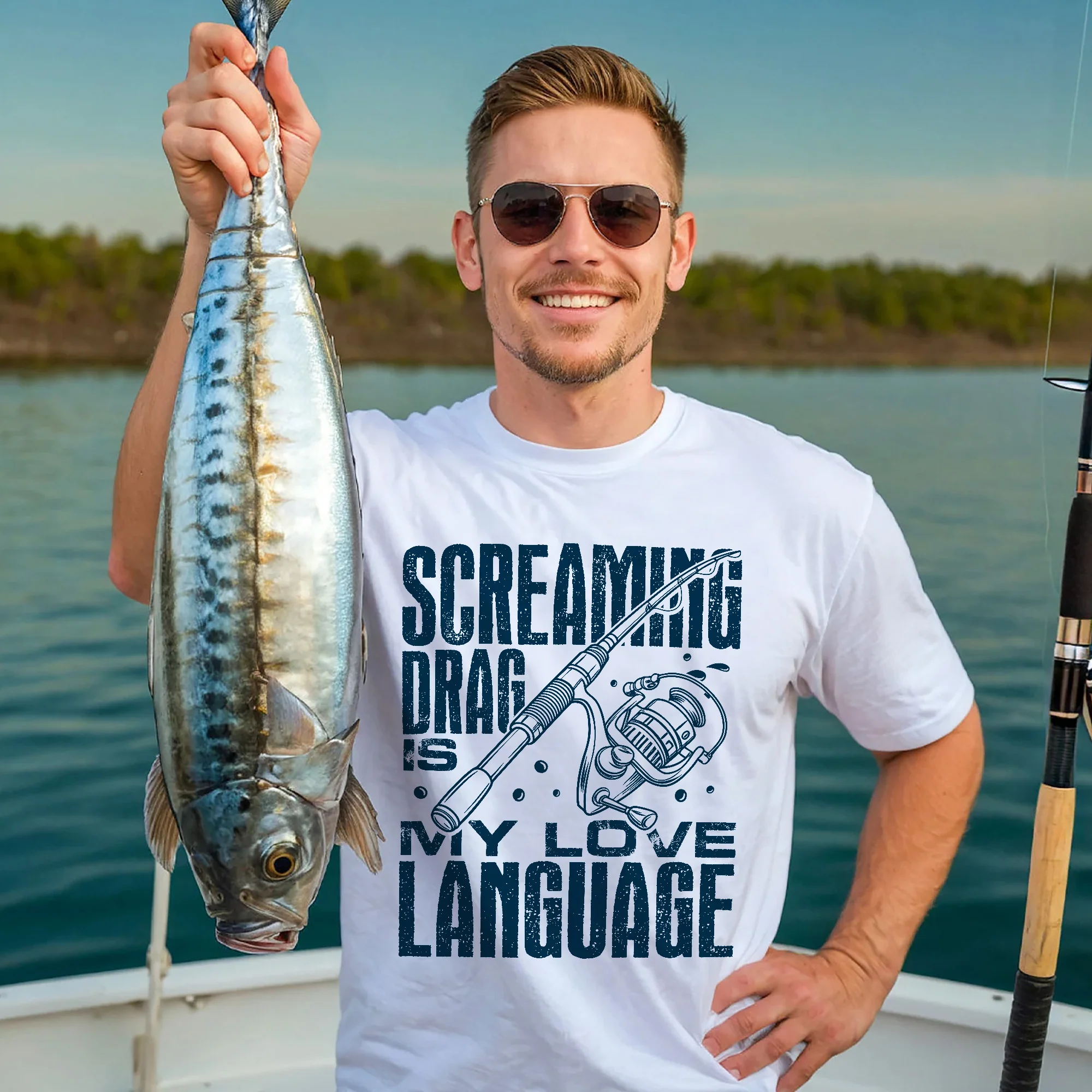 Funny Angler Shirt �C Screaming Drag Is My Love Language Tee �C Fishing Gift for Fishermen �C White �C Up To 5XL