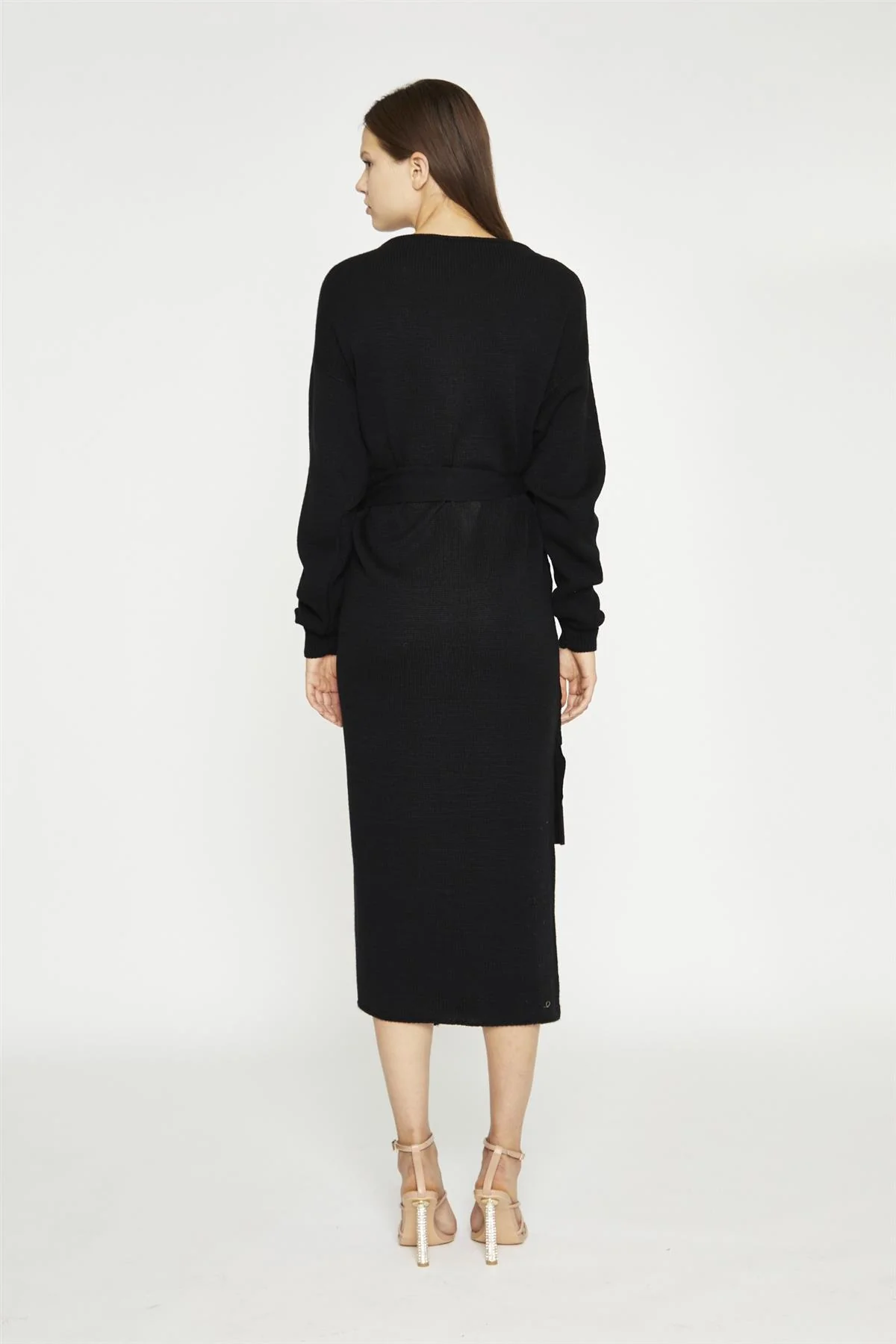 Black Tie-Waist Knitted Midi-Dress
