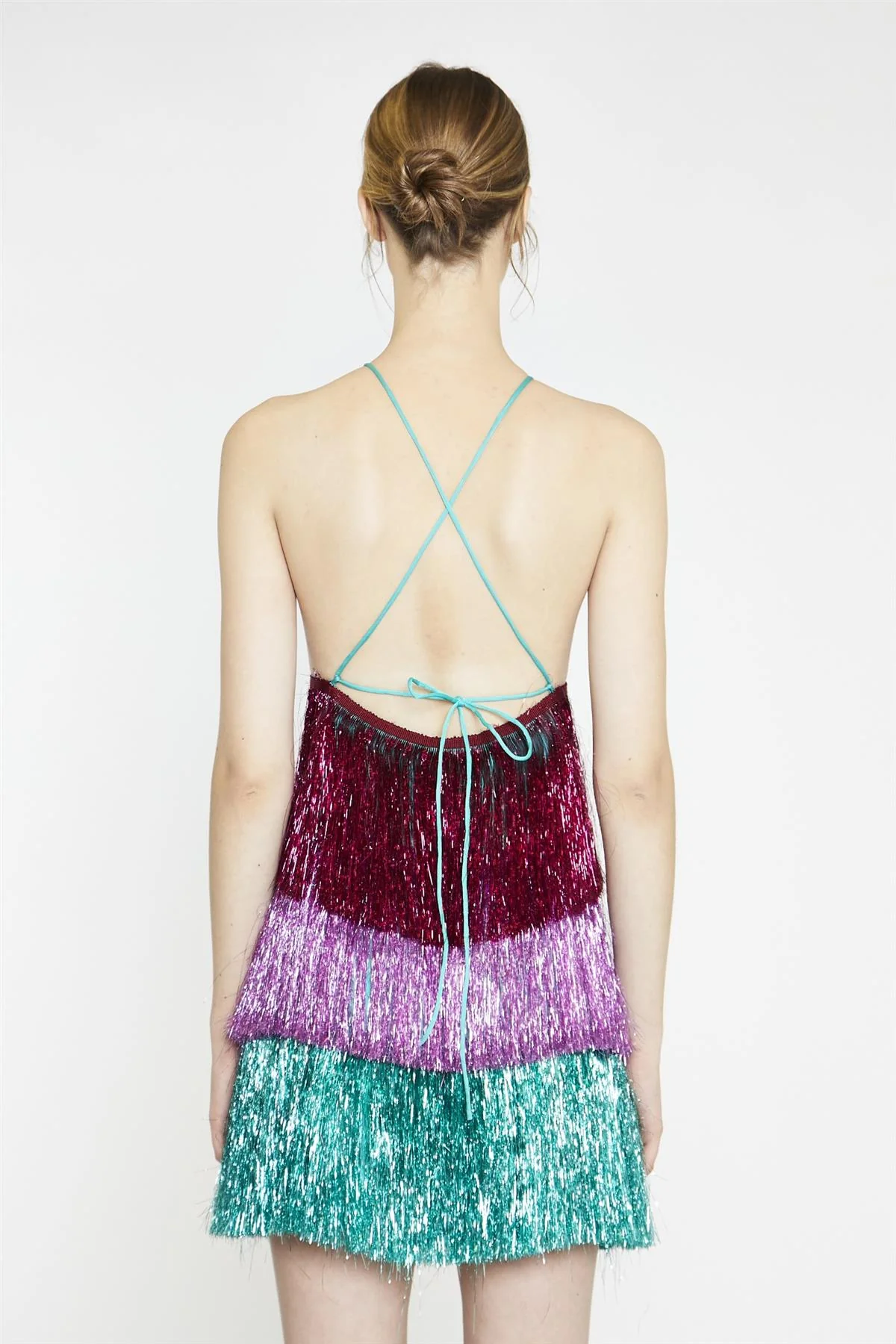 Pink Teal Purple Tinsel Fringe Halterneck Mini-Dress