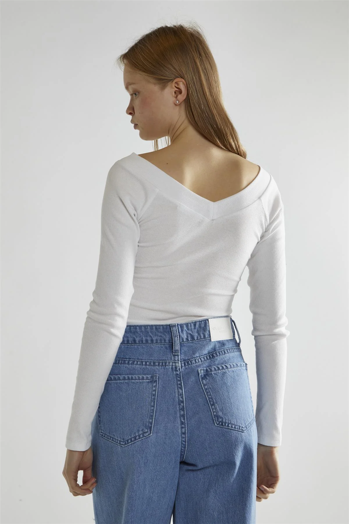 White-Rib V-Neck Long-Sleeve Top