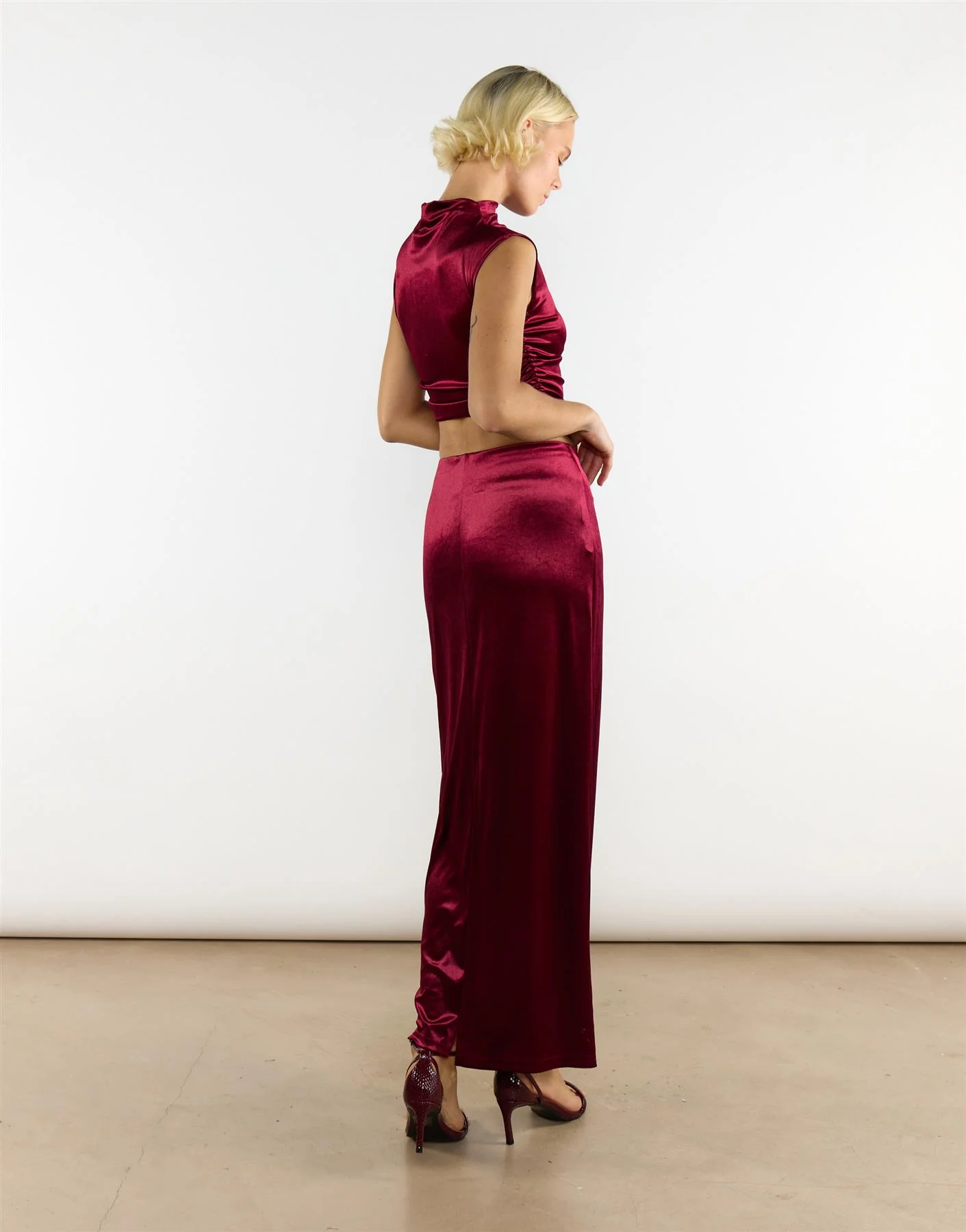 Burgundy Velvet Mid-Rise Maxi Skirt