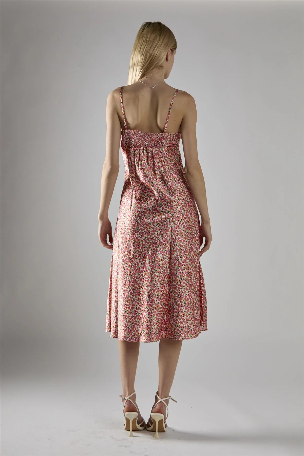 Multi Coral Ditsy Spaghetti-Strap Midi-Dress