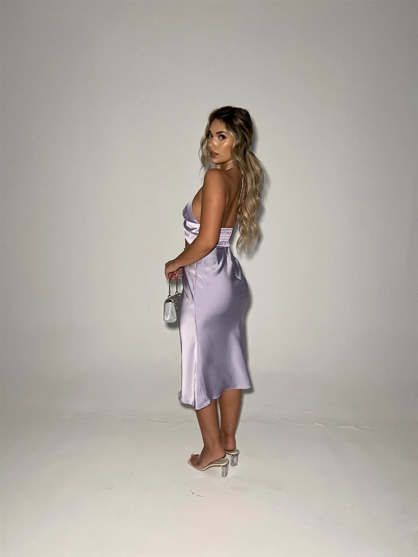 Lilac-Satin Bias-Cut Midi-skirt