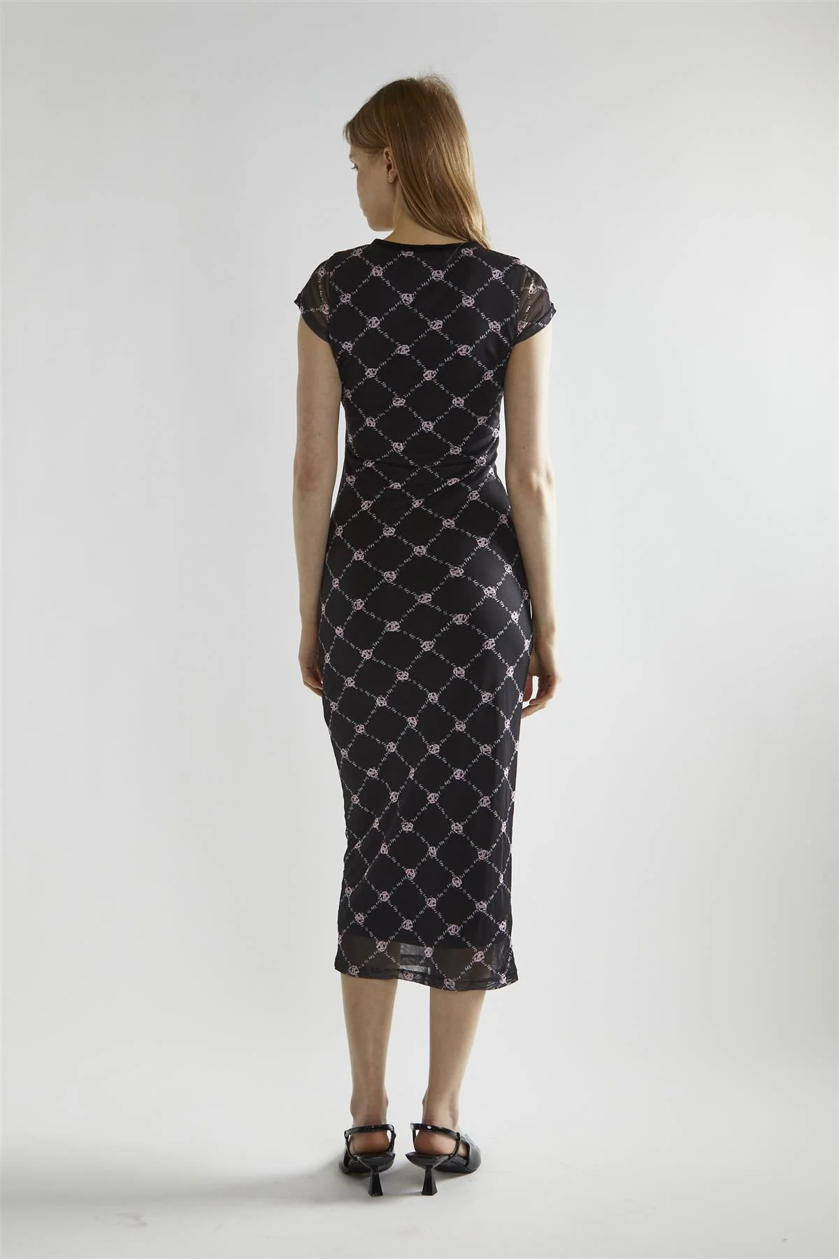 Black Rose Trellis Mesh  V-Neck Midaxi-Dress