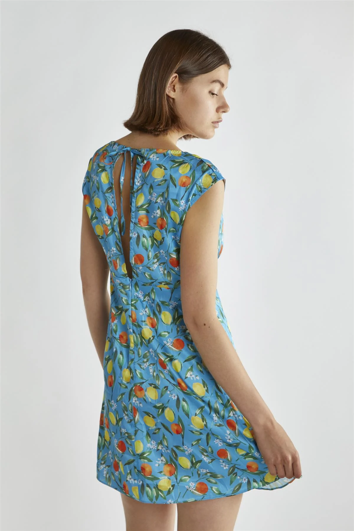 Blue Lemon-Print V-Neck Mini-Dress