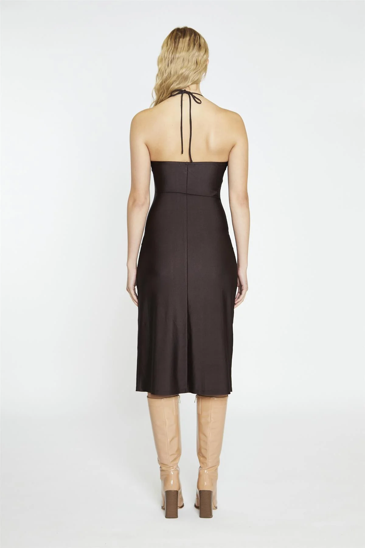 Dark Brown Square Halterneck Midi-Dress