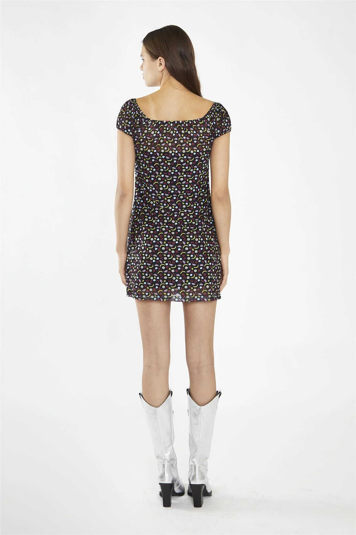 Black Fruit-Print Mesh Milkmaid Mini-Dress
