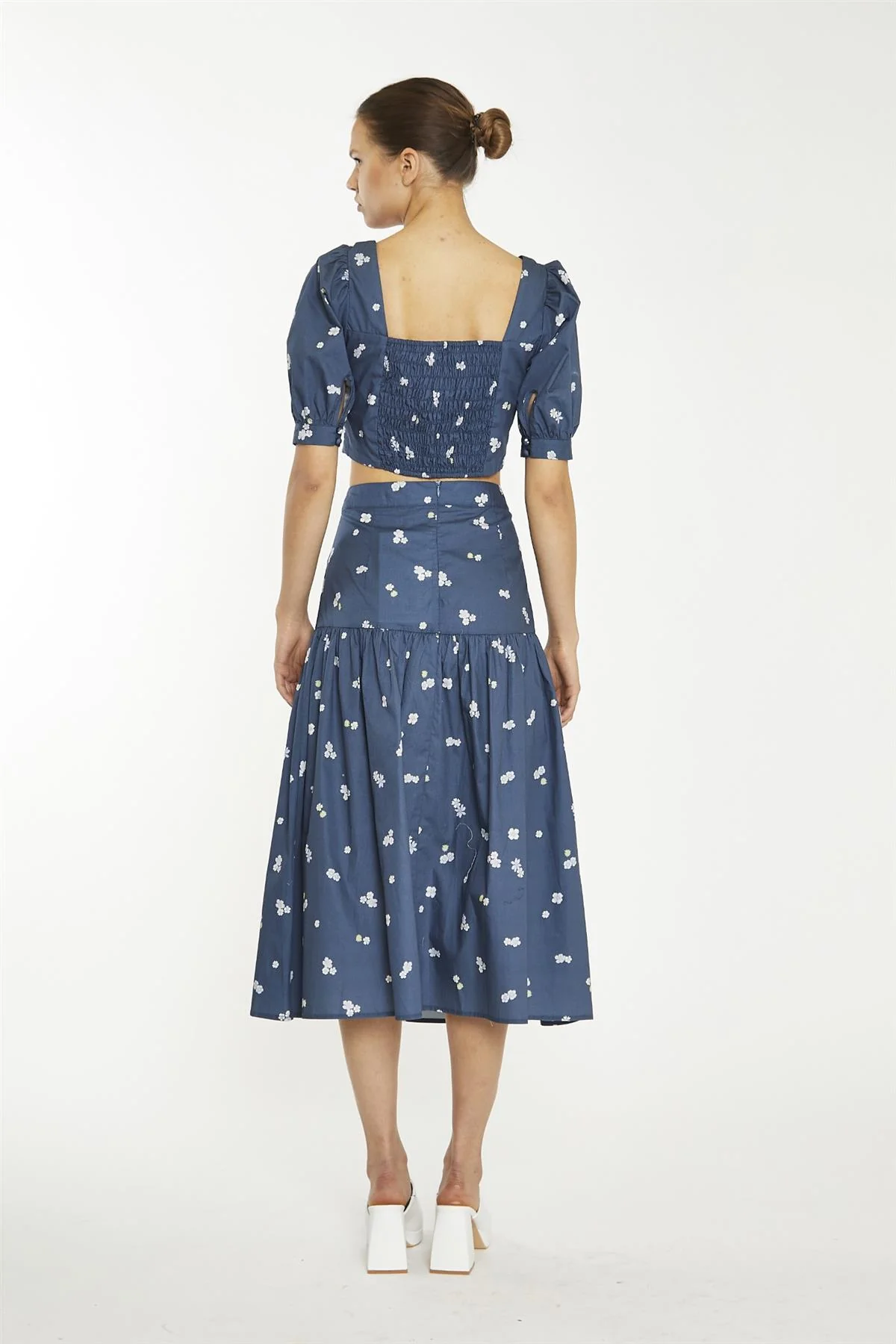 Navy Scattered Flower Sweetheart Neckline Crop-Top