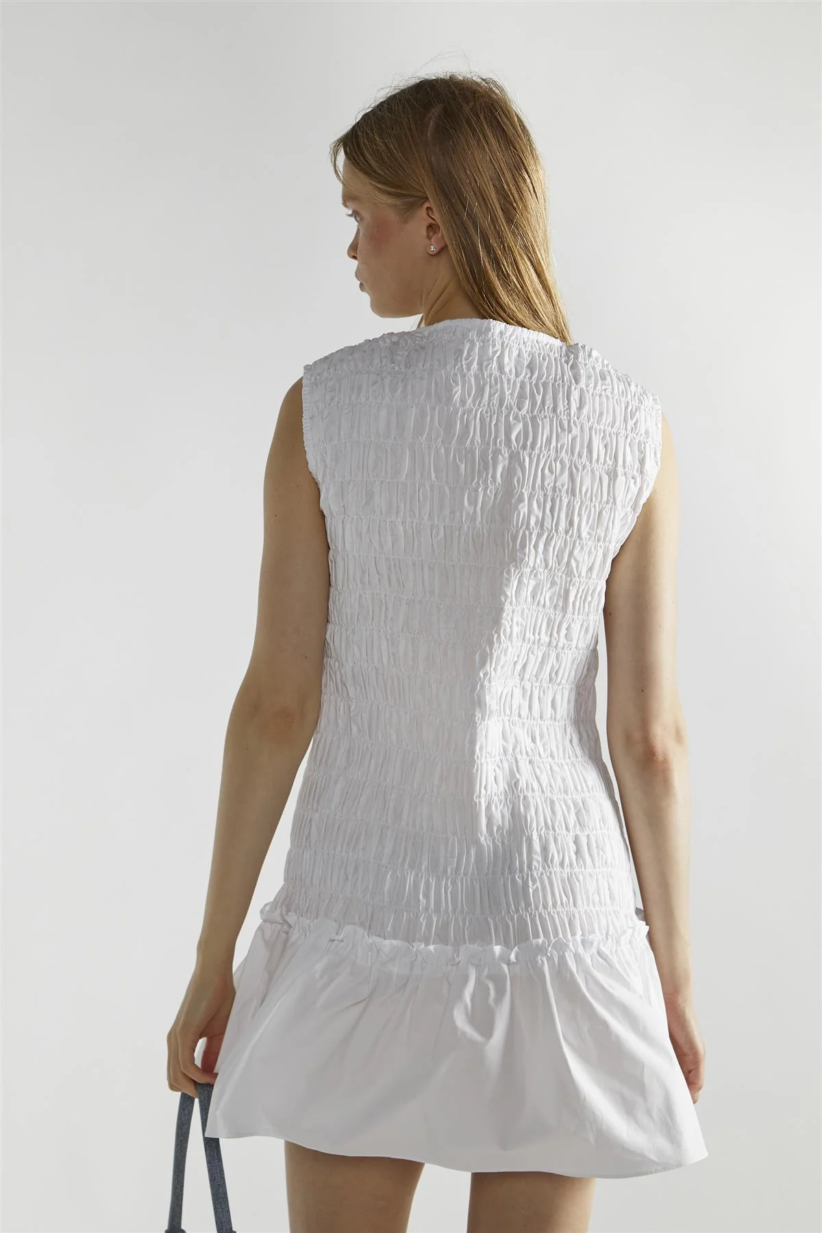 White Shirred V-Neck Mini-Dress