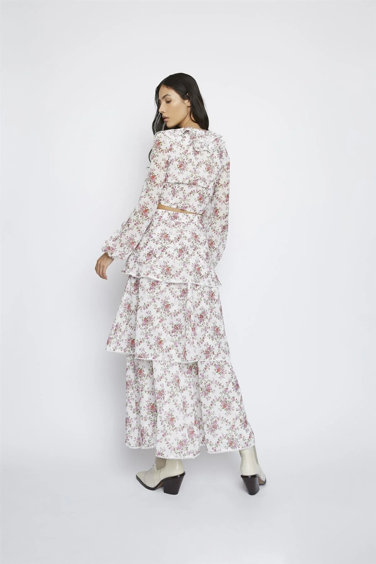 Romantic-Floral Chiffon Tiered Maxi-Skirt