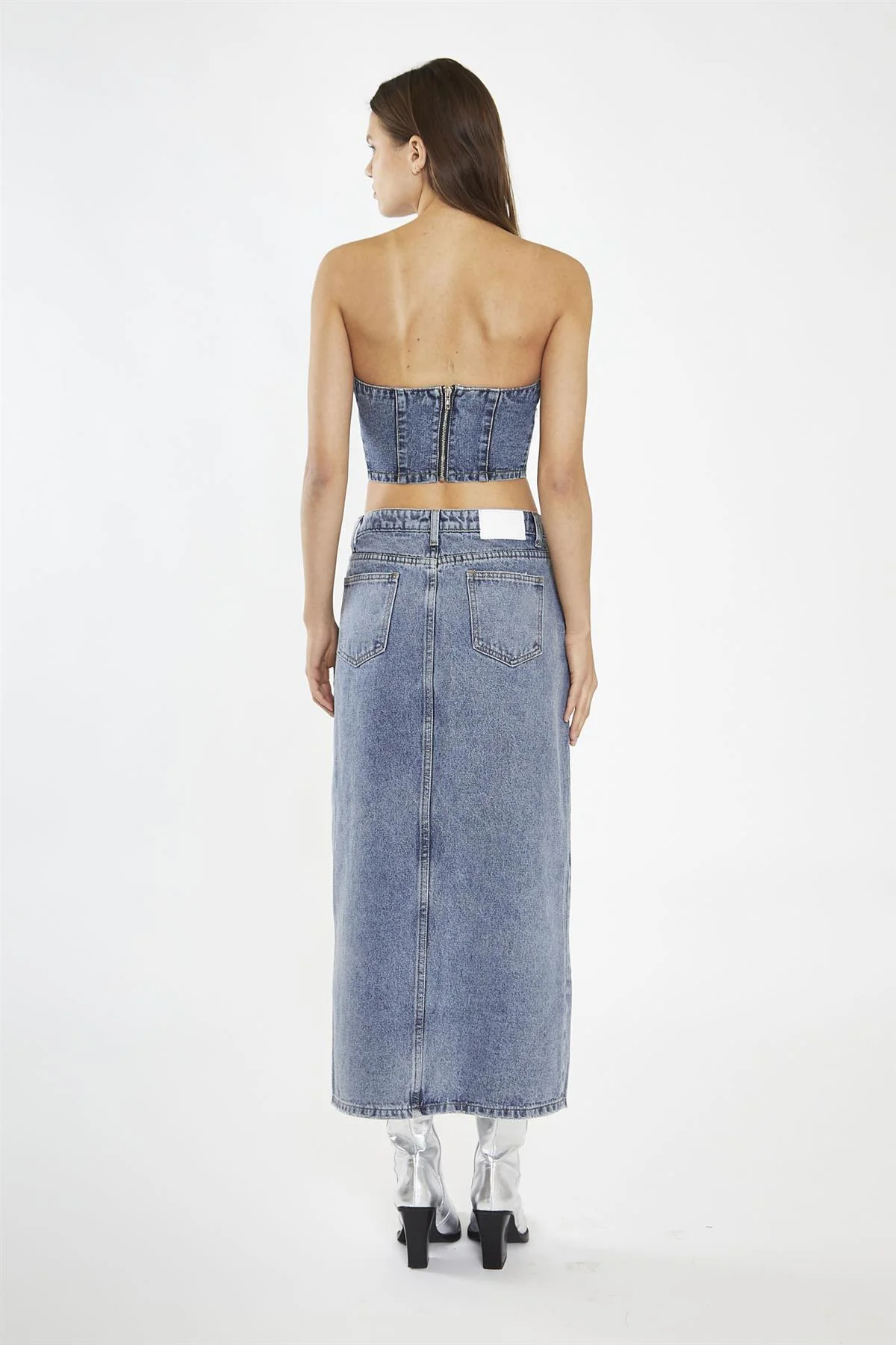 Heavy-Vintage Wash Denim Corsage Crop-Top