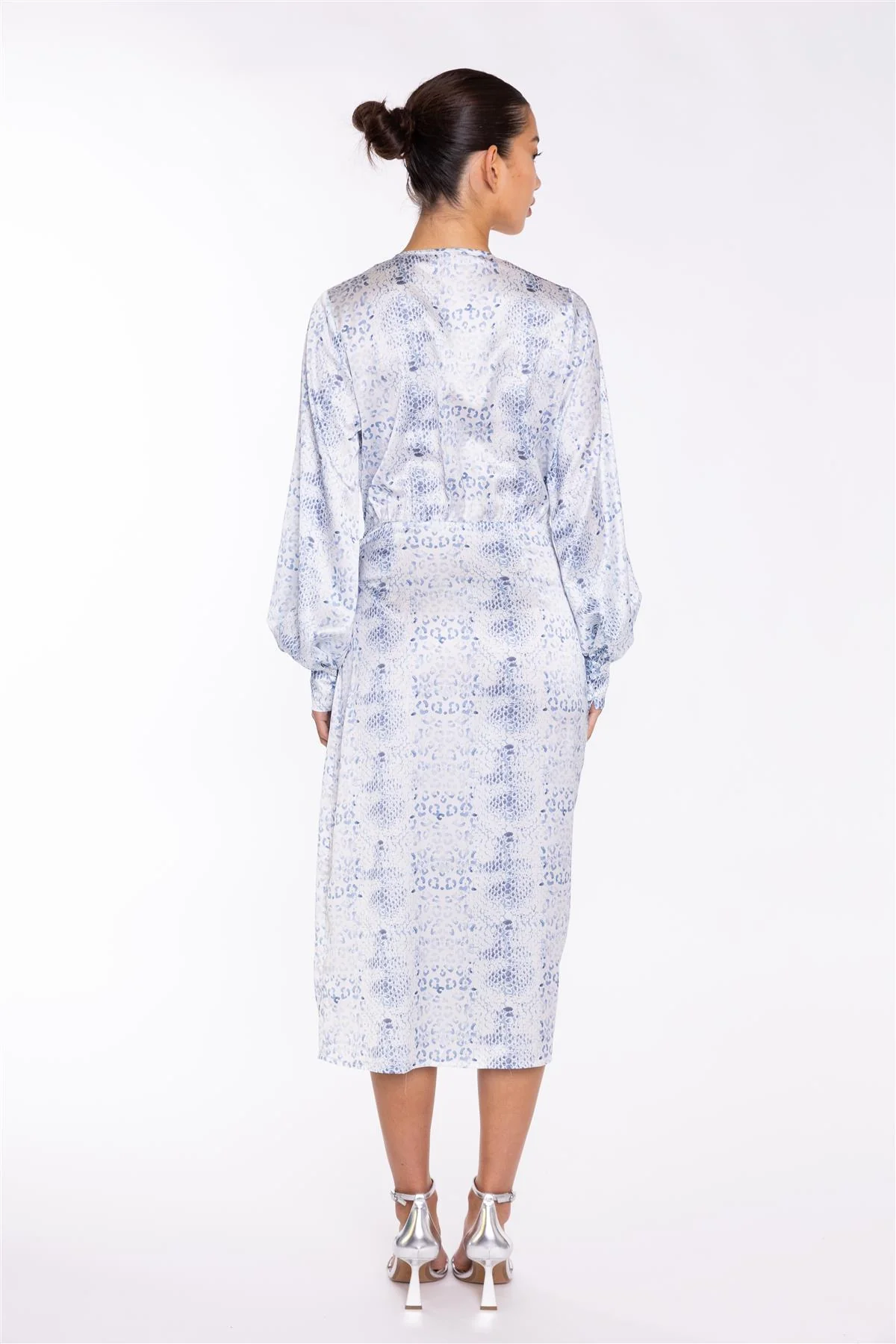 White-Blue Animal Wrap Midi-Dress