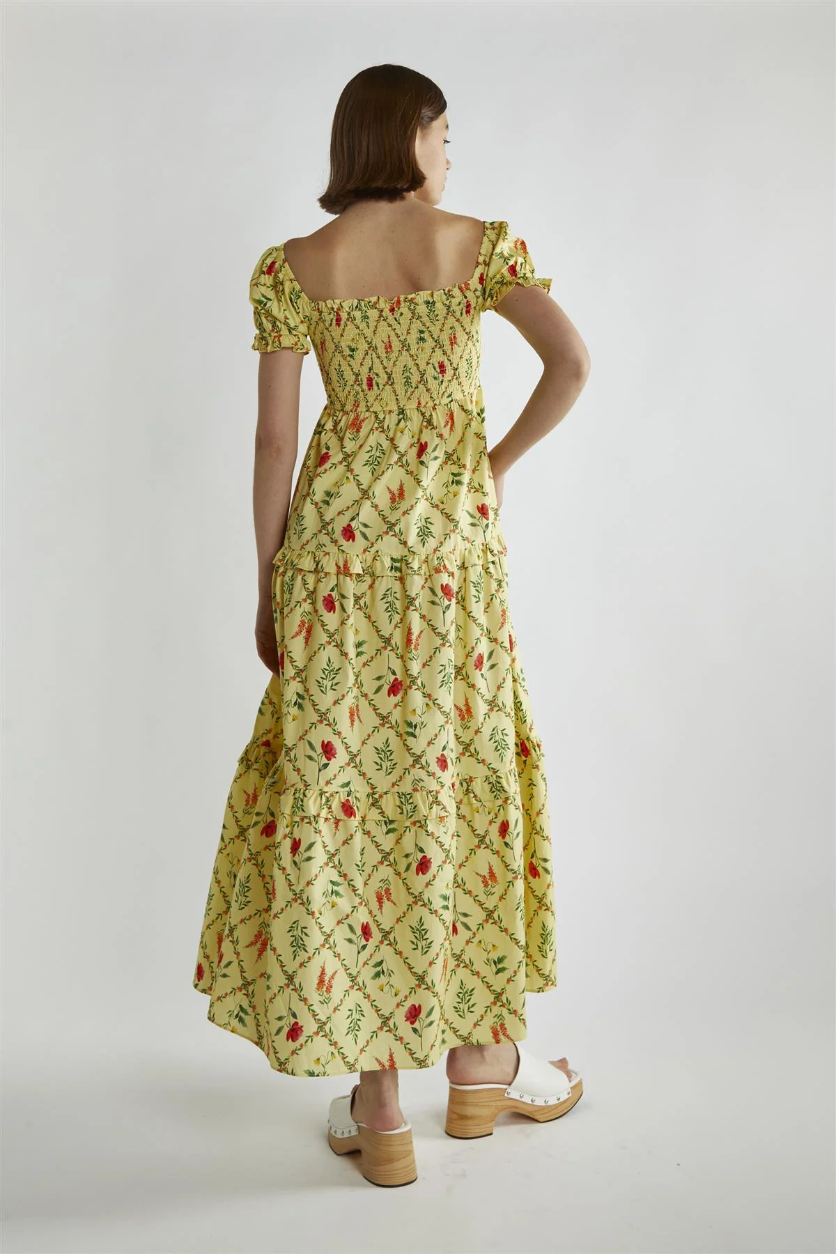 Yellow Floral-Lattice Scoop Neck Maxi-Dress