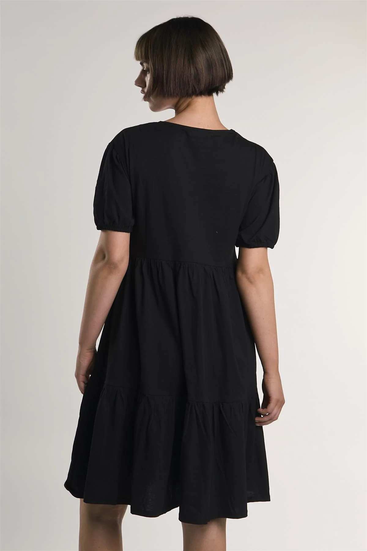 Black Tiered-Smock Midi-Dress