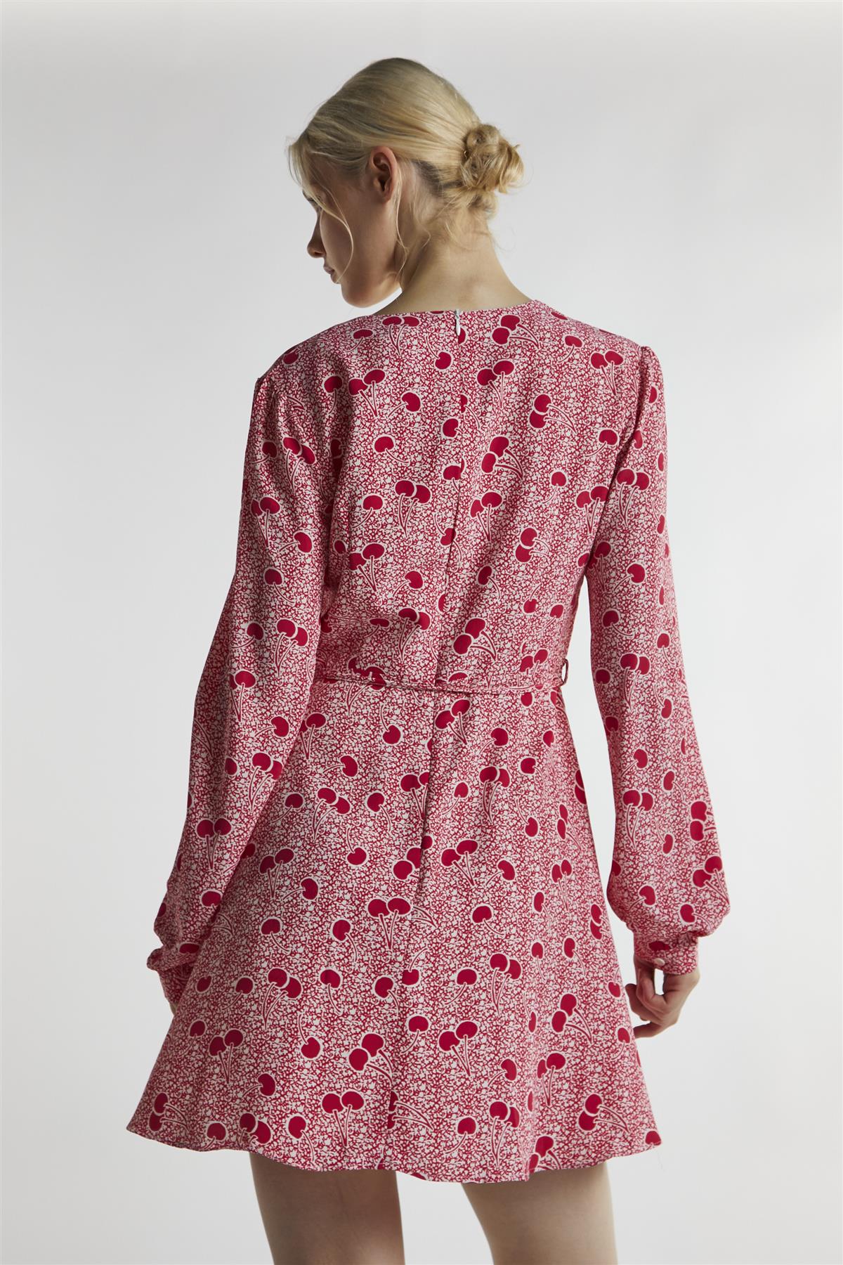 Cherry-Print V-Neck-Skater Mini-Dress