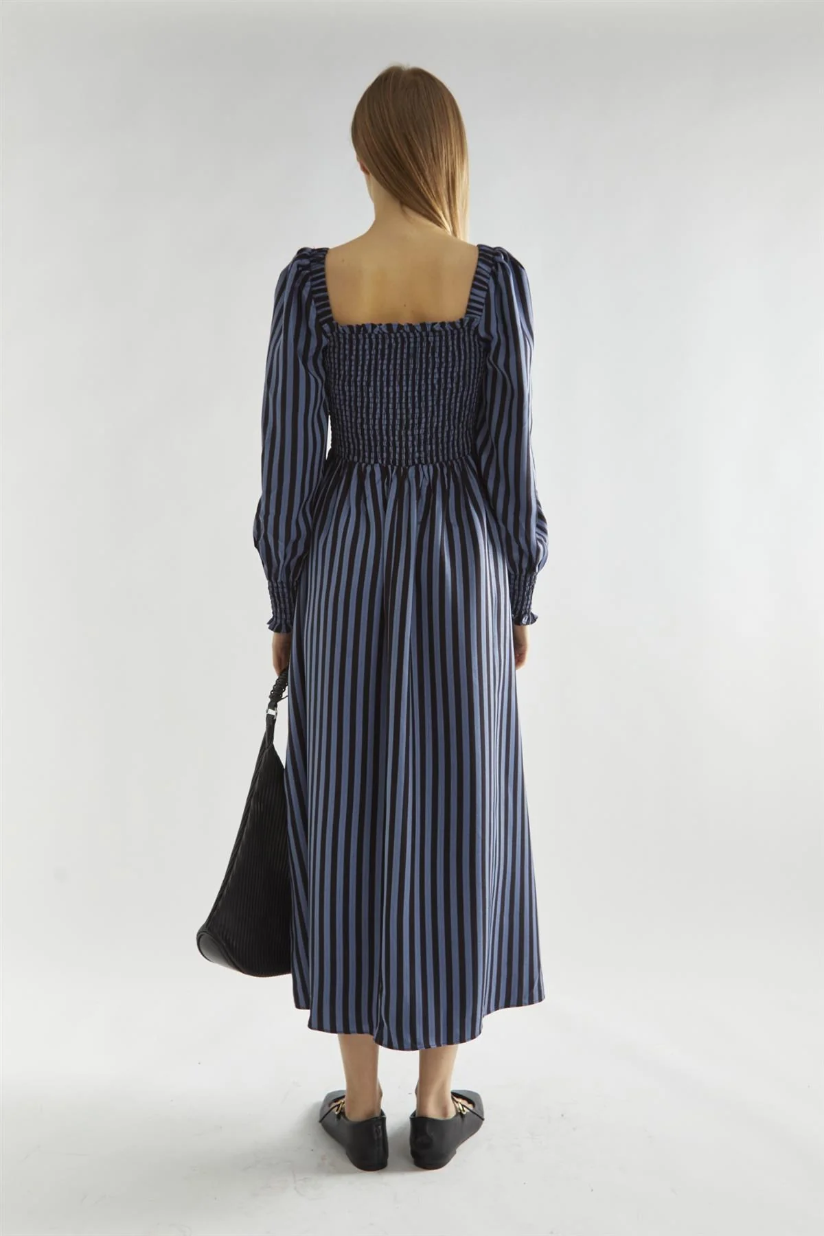 Blue-Black Stripe Shirred Midi-Dress