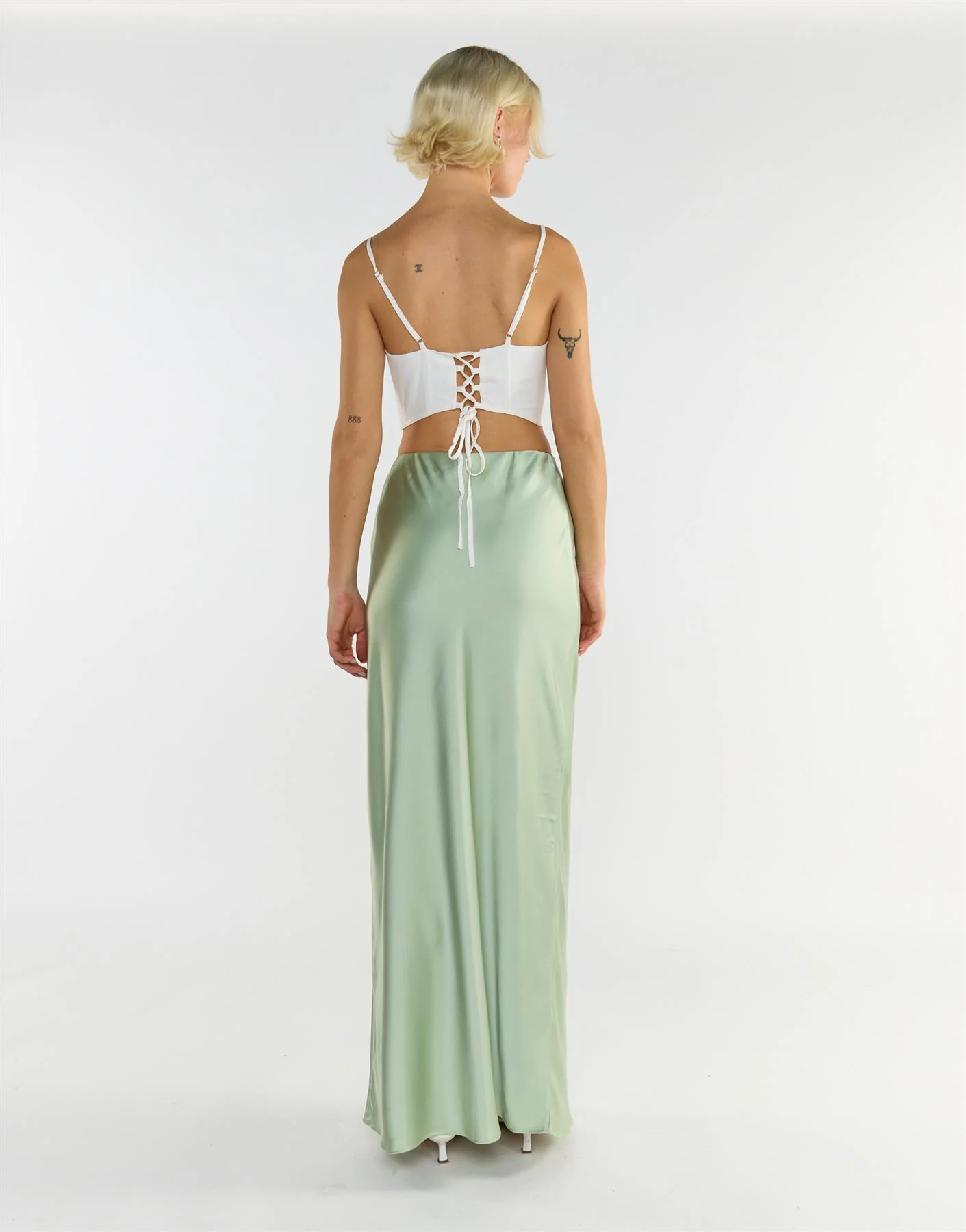 Bias Cut Maxi Skirt - Sage Green Sateen