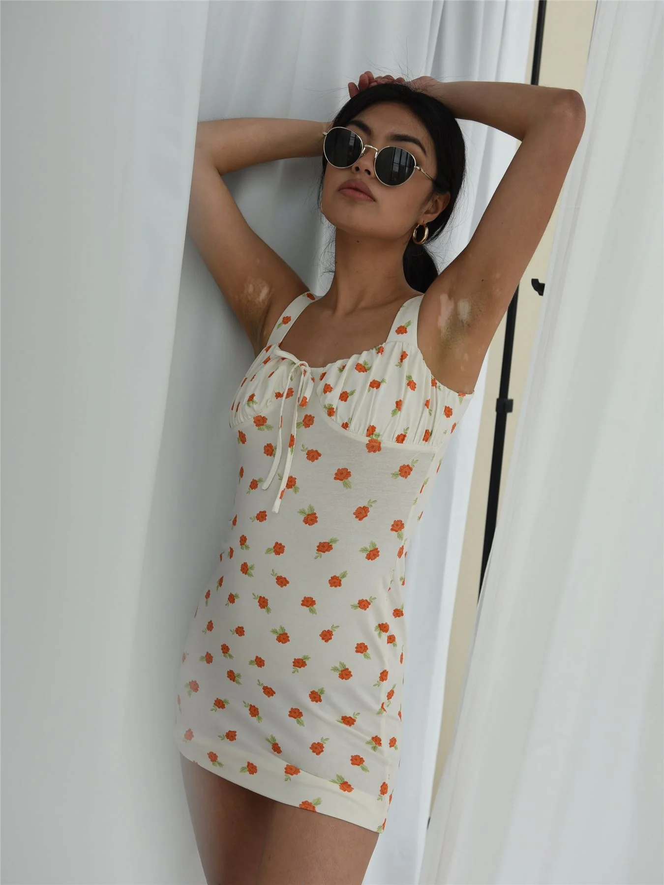 White Orange Floral Mini Dress