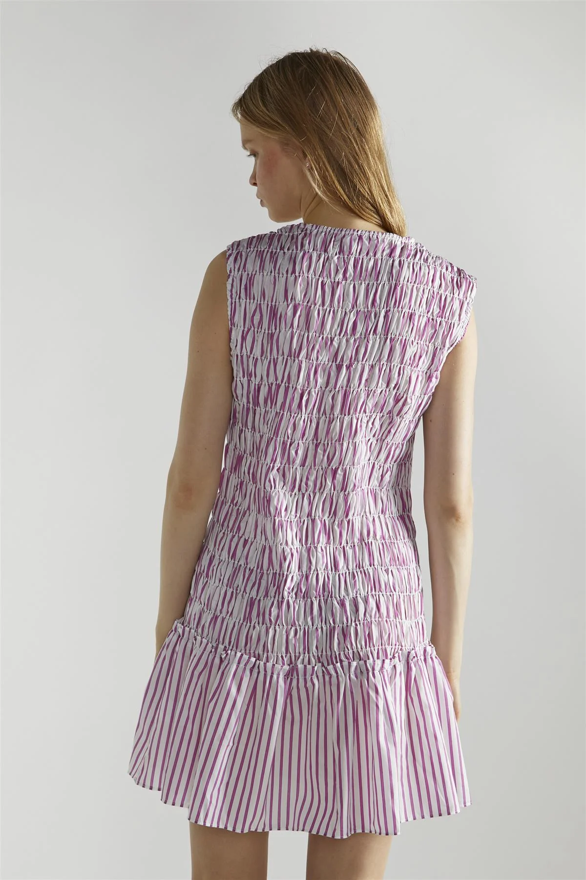 White Purple Stripe Shirred V-Neck Mini-Dress