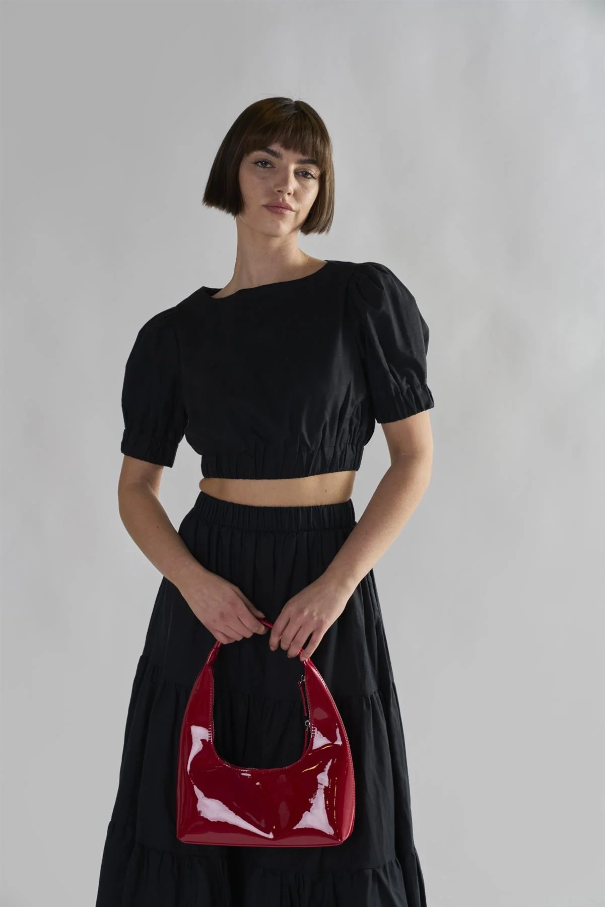 Black Puffed-Sleeve Crop-Top