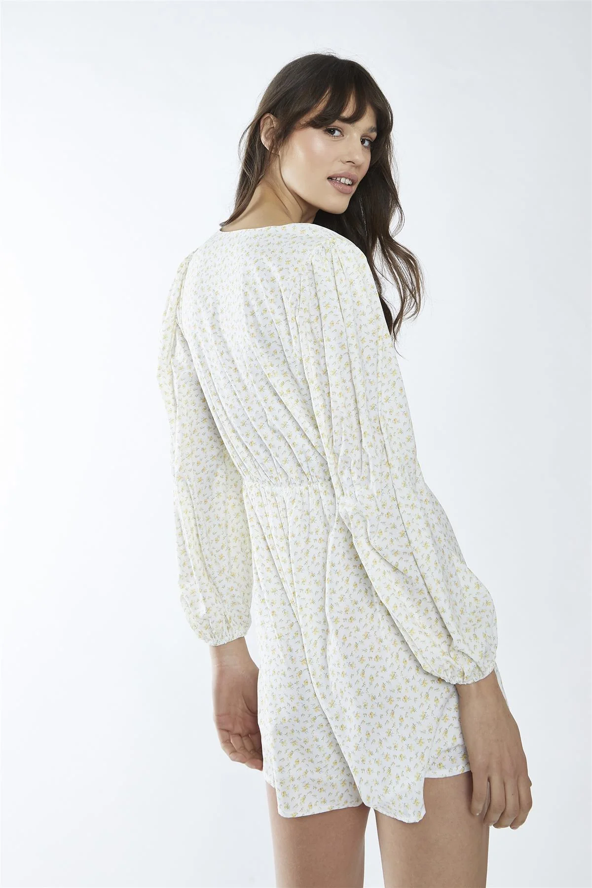 White-Yellow Mini Ditsy Cinched-Waist Long Sleeve-Playsuit