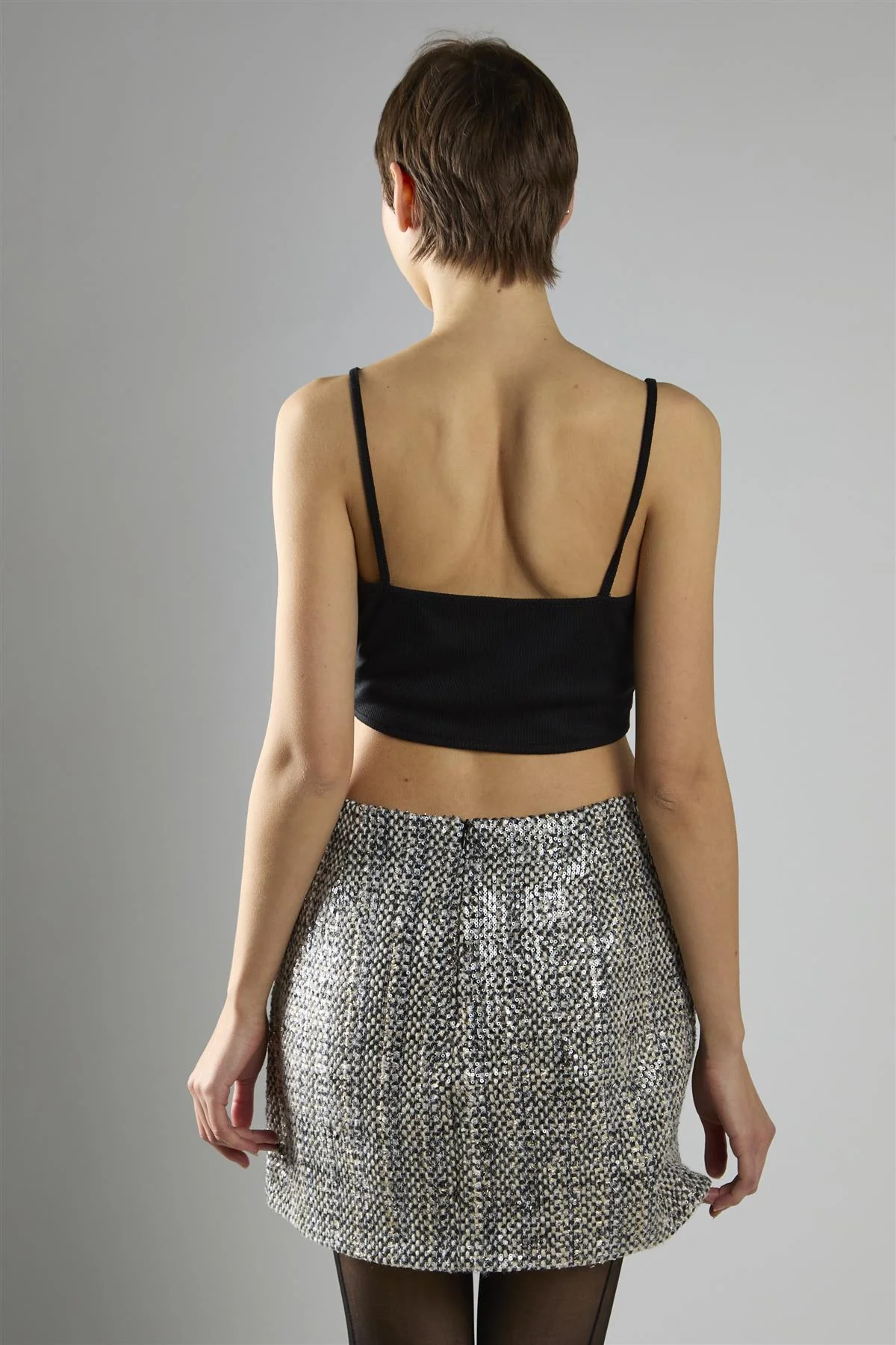 Black Sequin Tweed Mid-Rise Mini Skirt