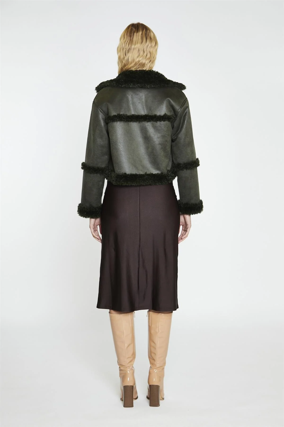 Dark-Green Cropped Shearling Trim -Jacket