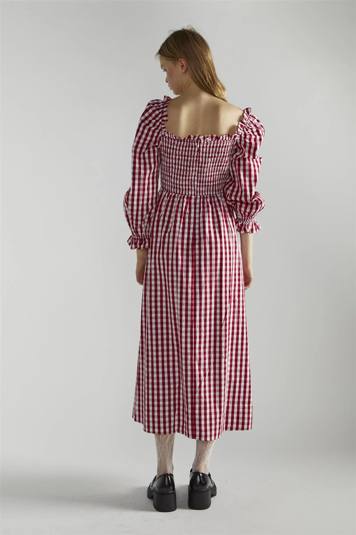 Cherry-Red-Gingham Front-Tie-V-Neck Midaxi-Dress