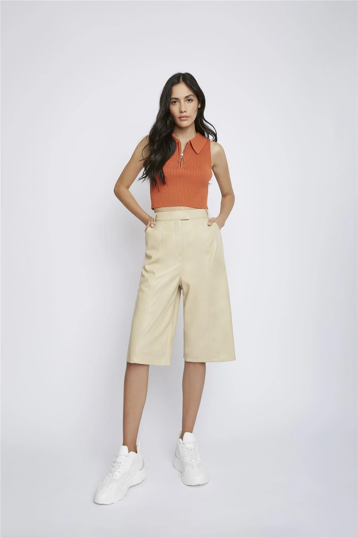 Orange Zip Collar Sleeveless Top