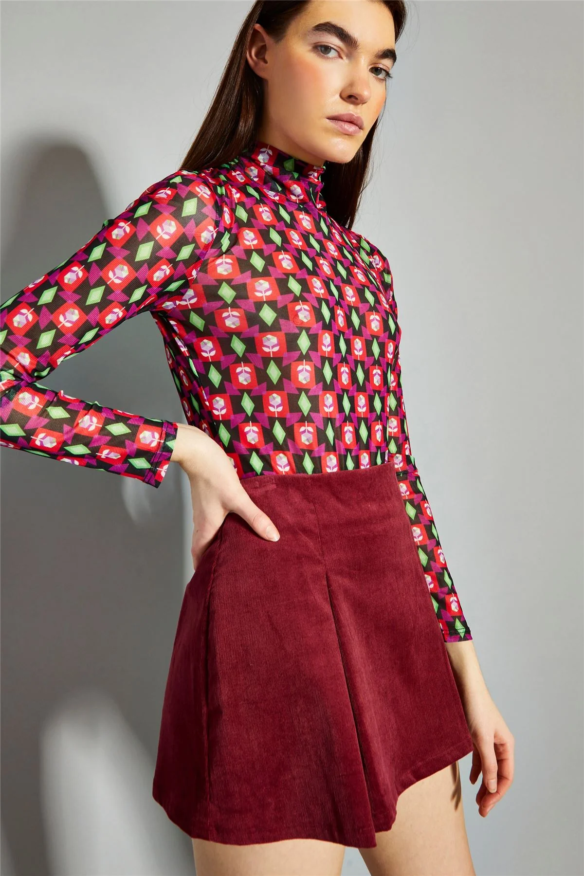 Claret Corduroy Mini Skirt