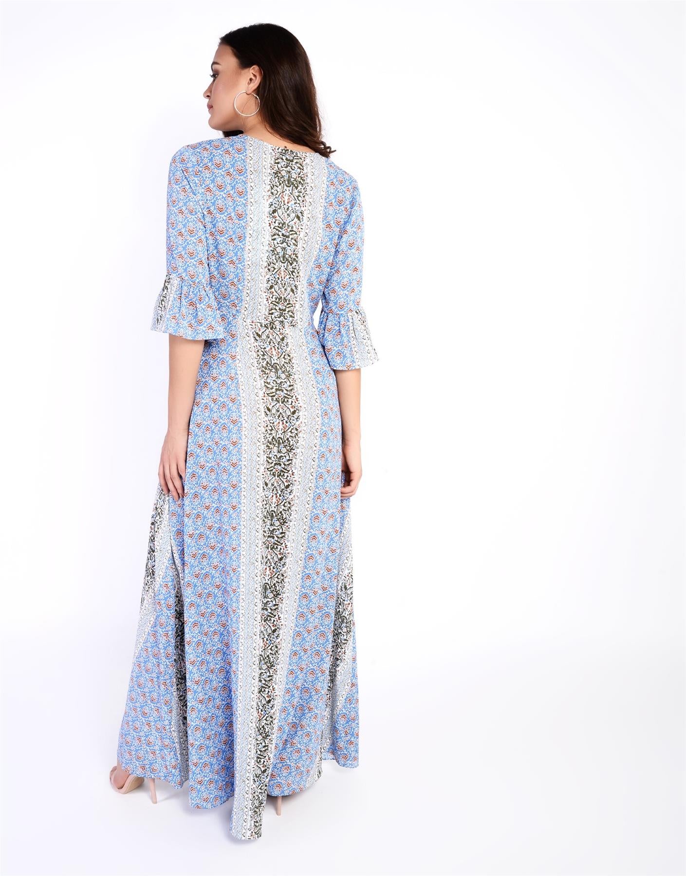 Blue-Rust Border Button-Front Maxi-Dress