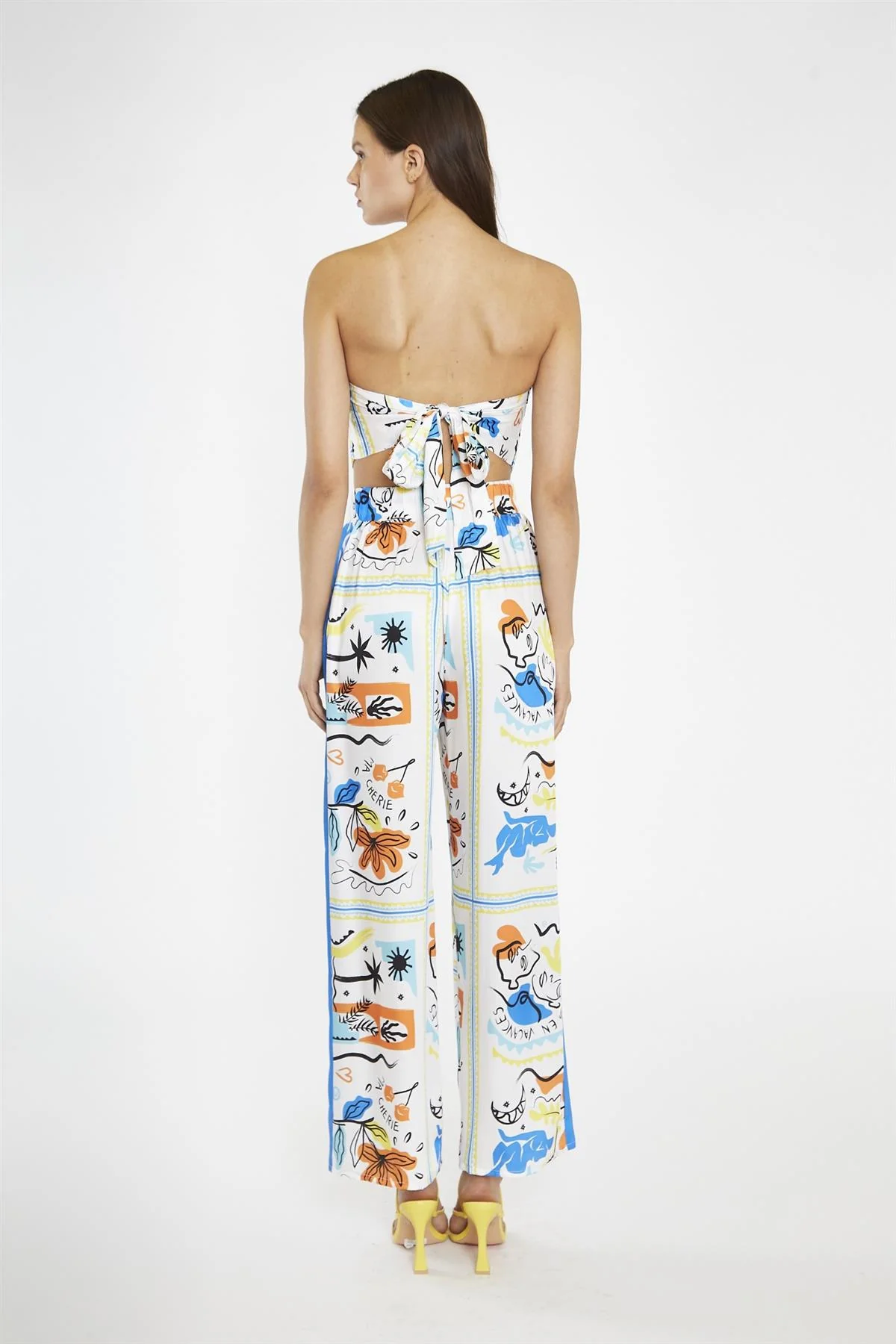 Blue Scarf-Print Contrast Stripe Wide-Leg-Trousers